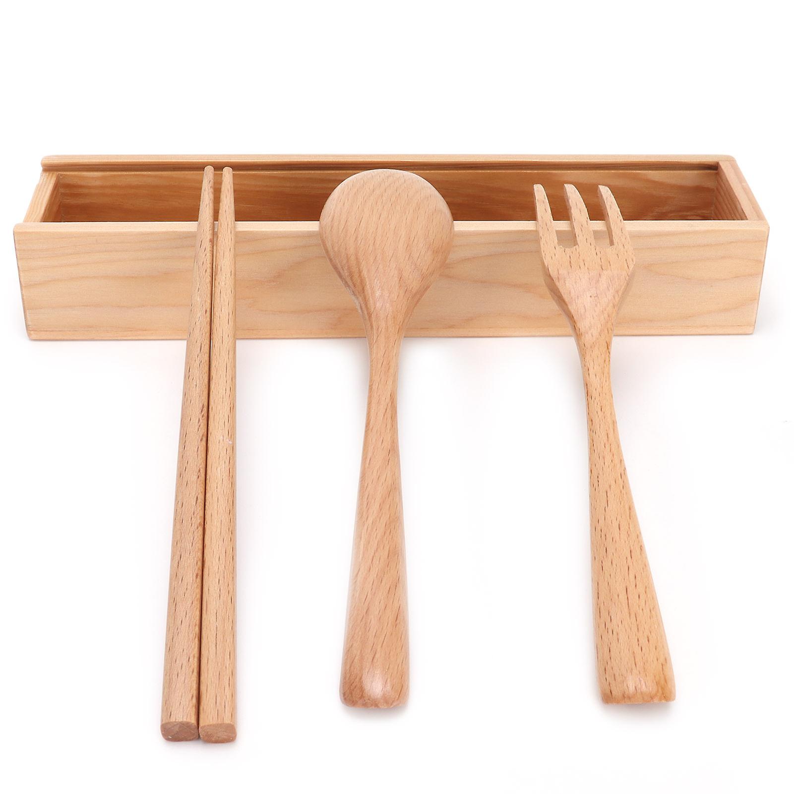 4Pcs Wooden Tableware Set with Box – Chopsticks, Spoon, Fork 19.5cm