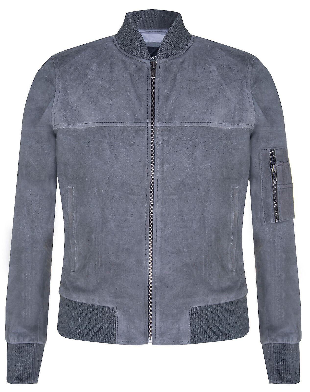 Infinity Leather Men's Grey Suede Ma-1 Bomber Leather Jacket Large