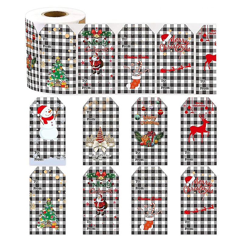 2X300pcs Rectangular Black And White Plaid Merry Christmas Christmas Sticker Gift Label