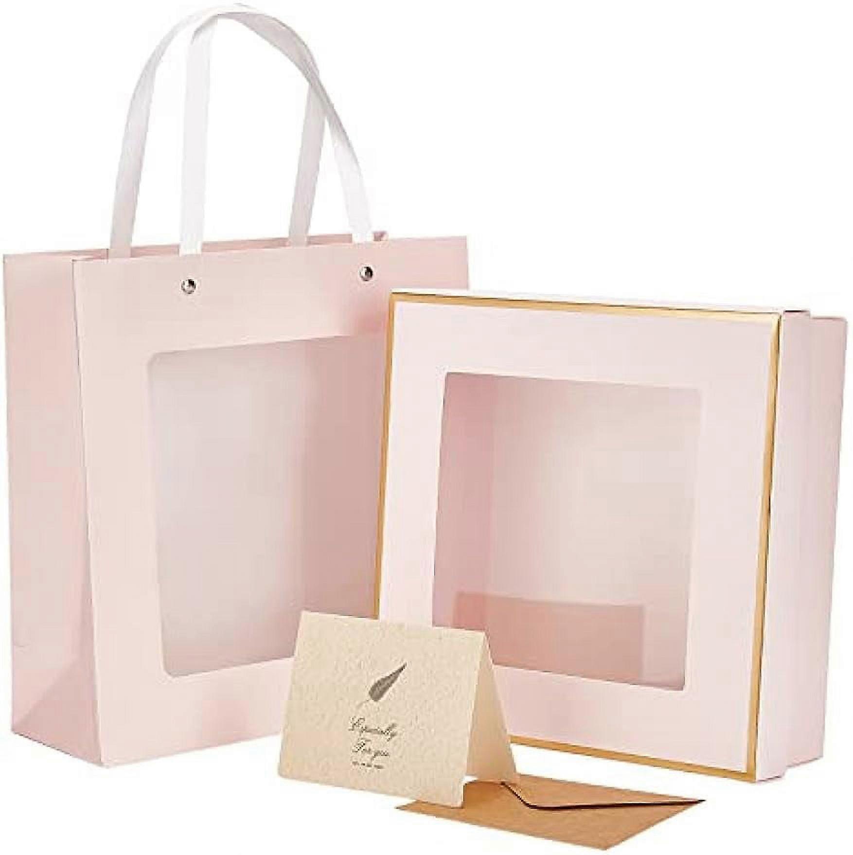 2 Set Pink Paper Gift Box and Bag with window 9x9x3inch Paper Gifting Box with Raffia Greeting Card