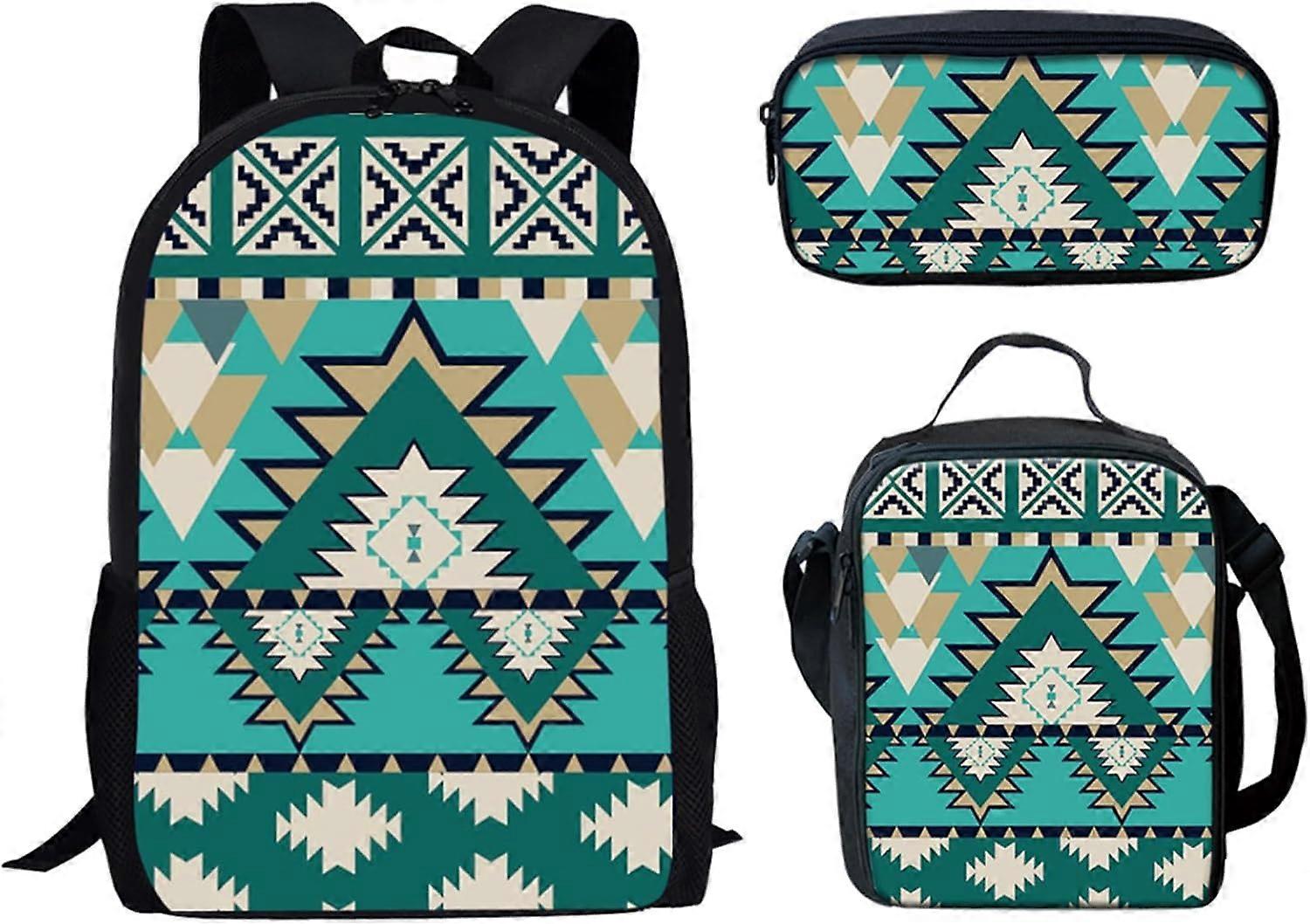 3 قطع العرقية المكسيكية الأخضر الأزتك طباعة حقيبة ظهر للمدرسة ، حقيبة ظهر للأطفال مع حقيبة غداء وأقلام رصاص مربع خفيفة الوزن للأولاد والبنات
