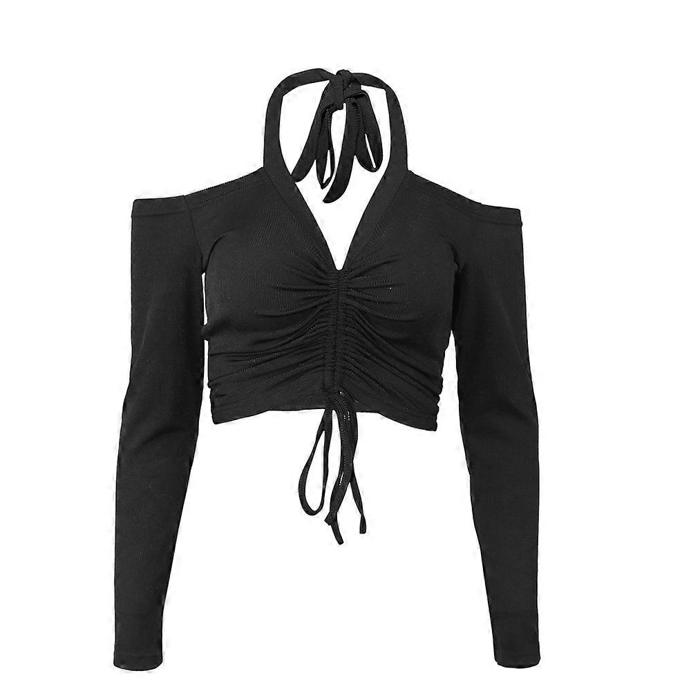 Women's V Neck Sleeve Drawstring Ruched Front Lettuce Trim Crop Top