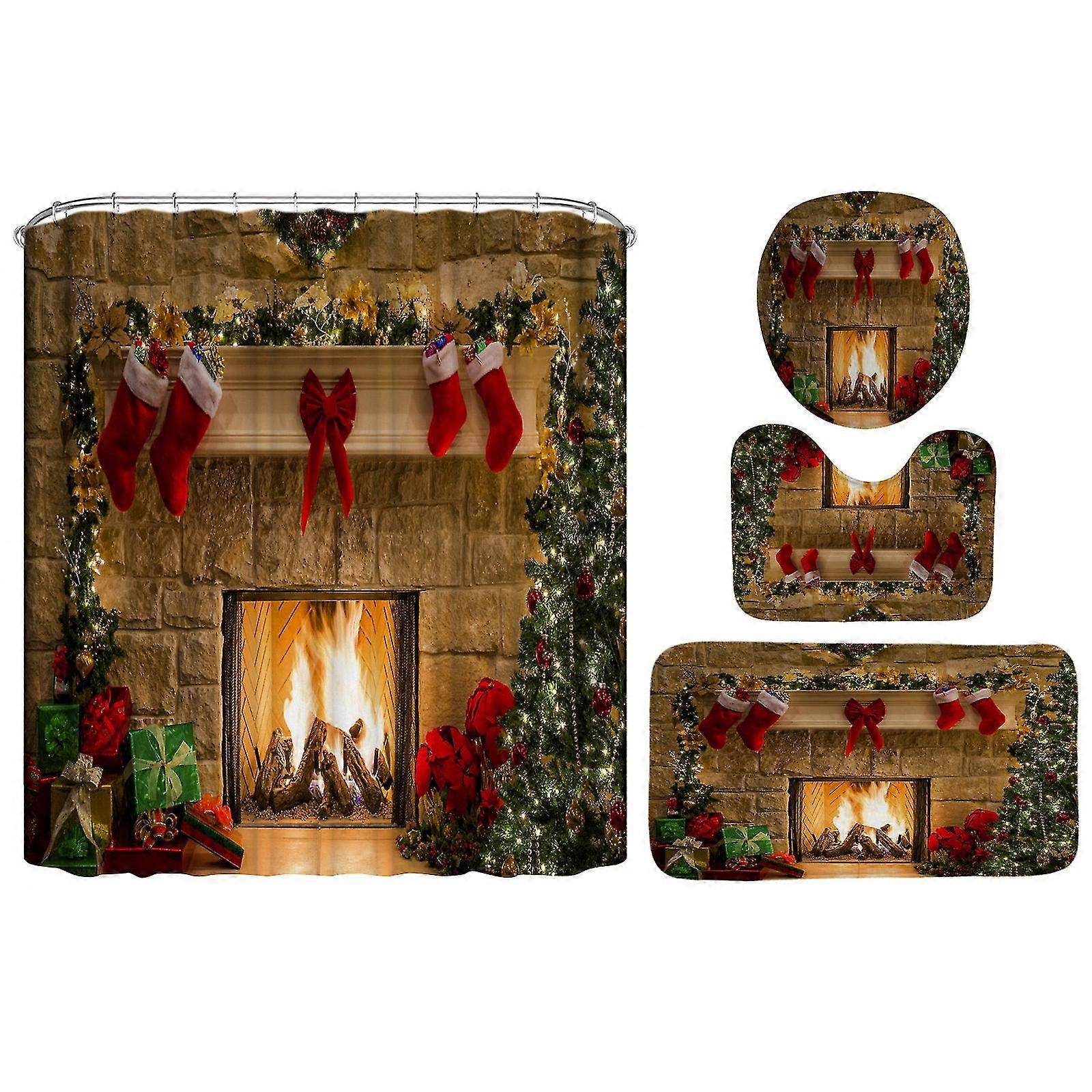 4pcs/set Christmas Shower Curtains Bathroom Fireplace Pattern Bath Curtain With