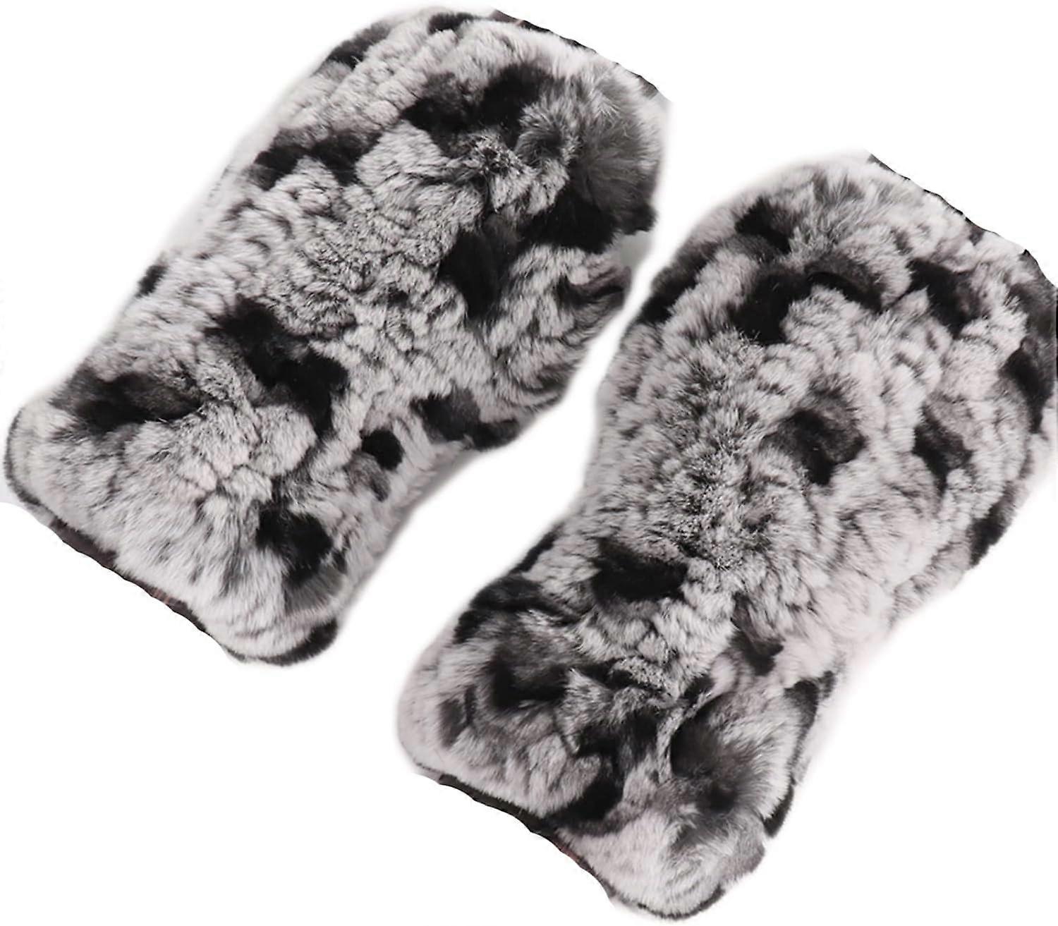 Womens Rabbit Fur Winter Mittens Knitted Fingerless Gloves