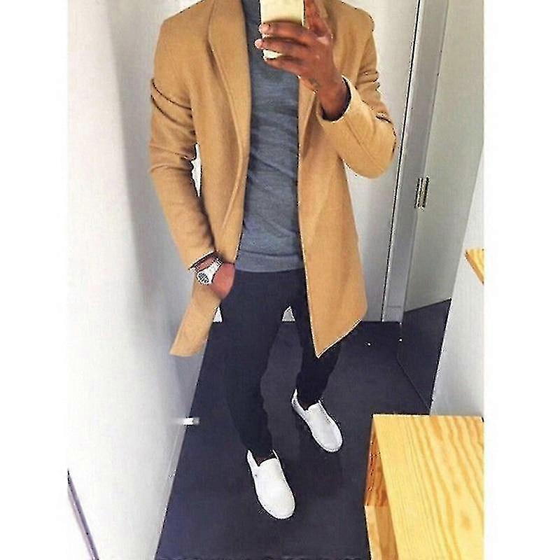 Höst vinter män casual kappa tjockna ull trench solid överrock lång