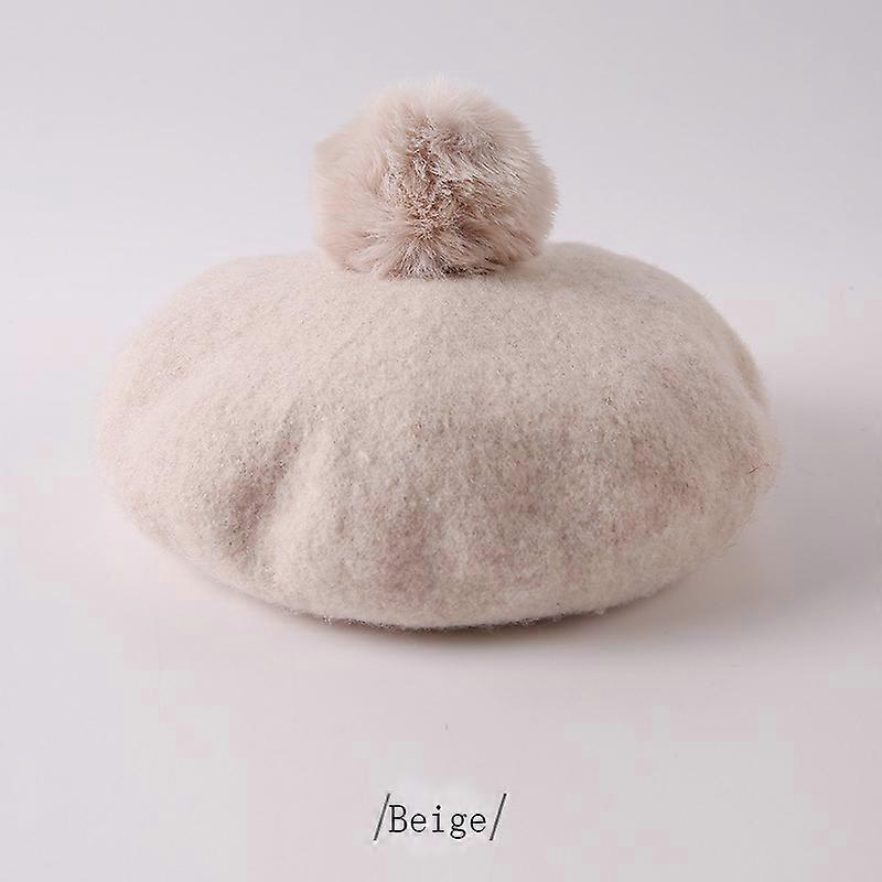 Children Pompoms Beret Hat Solid Color Octagonal Cap Girls Winter Wool Painter Hats For 1-3 Years Kids