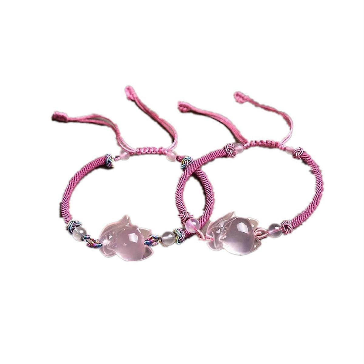 2ピースピンク編みこみブレスレットNatrualモザンビーククリスタルフォックスビーズバングルレディ調整可能女性用