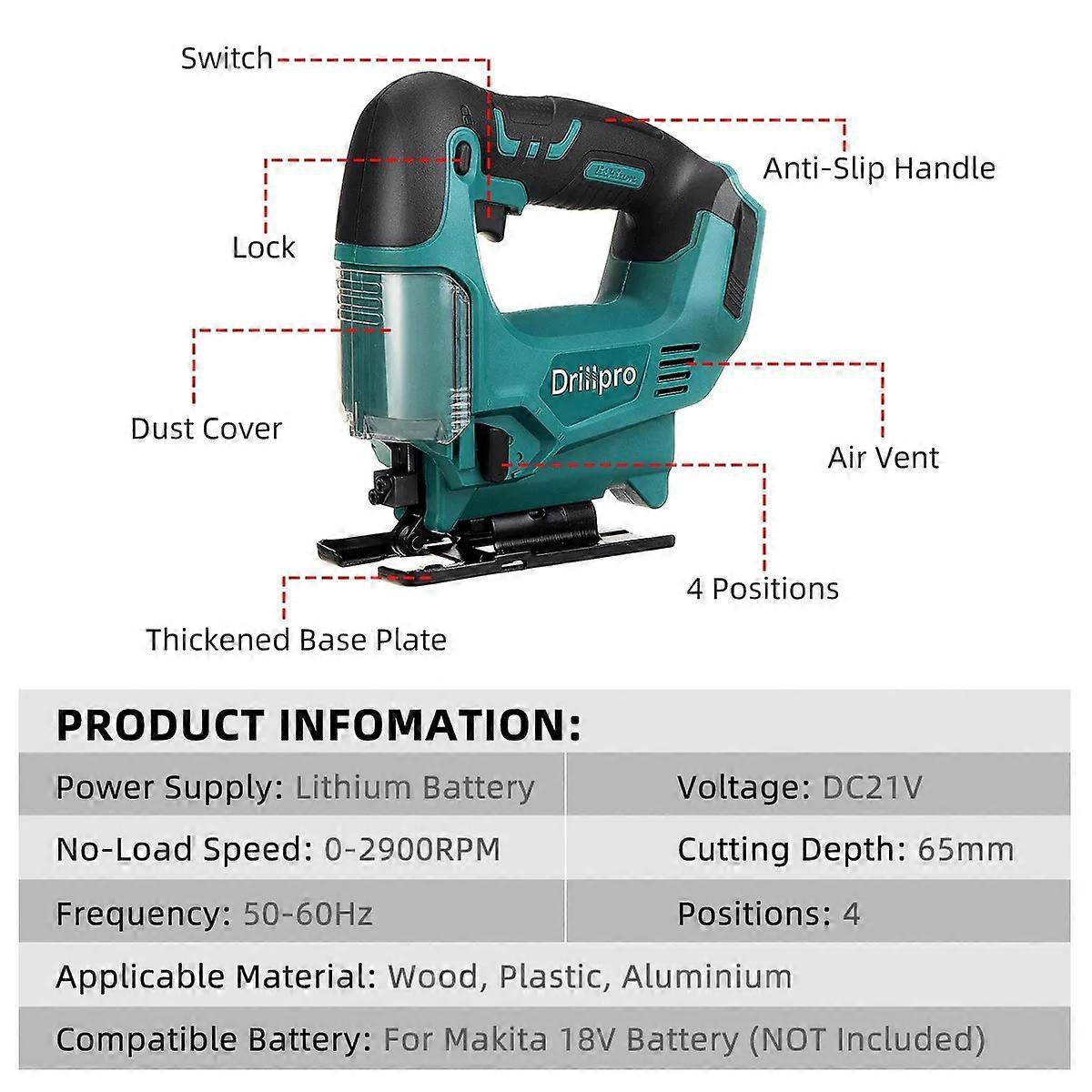 Drillpro 2900RPM 65mm 18V Brushless Jig Saw Electric Jigsaw Adjustable Blade Woodworking LED Power Tool for Makita 18V Battery