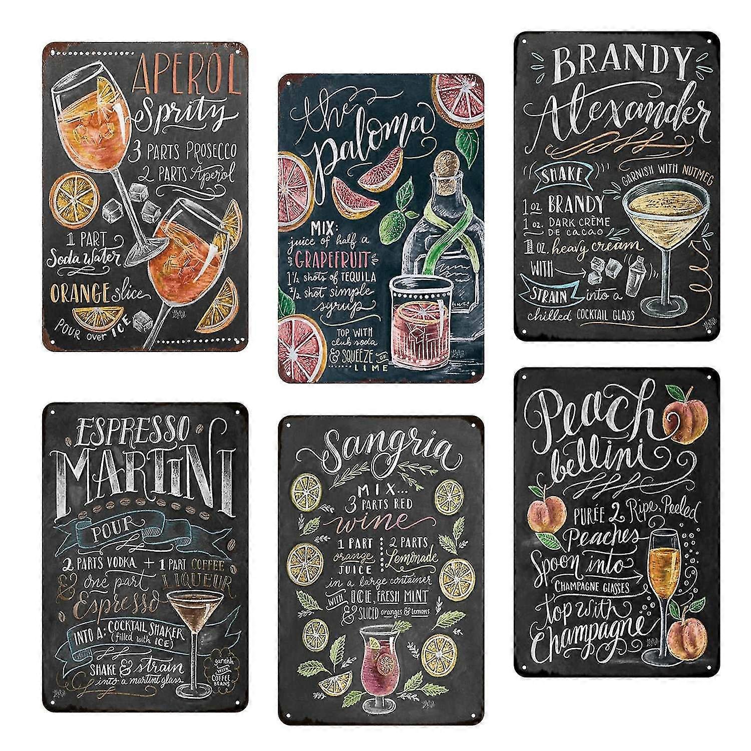 6pcs Vintage Κοκτέιλ Κασσίτερος Αφίσα Μεταλλικές Πινακίδες Τοίχο Αυτοκόλλητα Διακόσμηση Ρετρό Martini Mojito Μέταλλο Pl