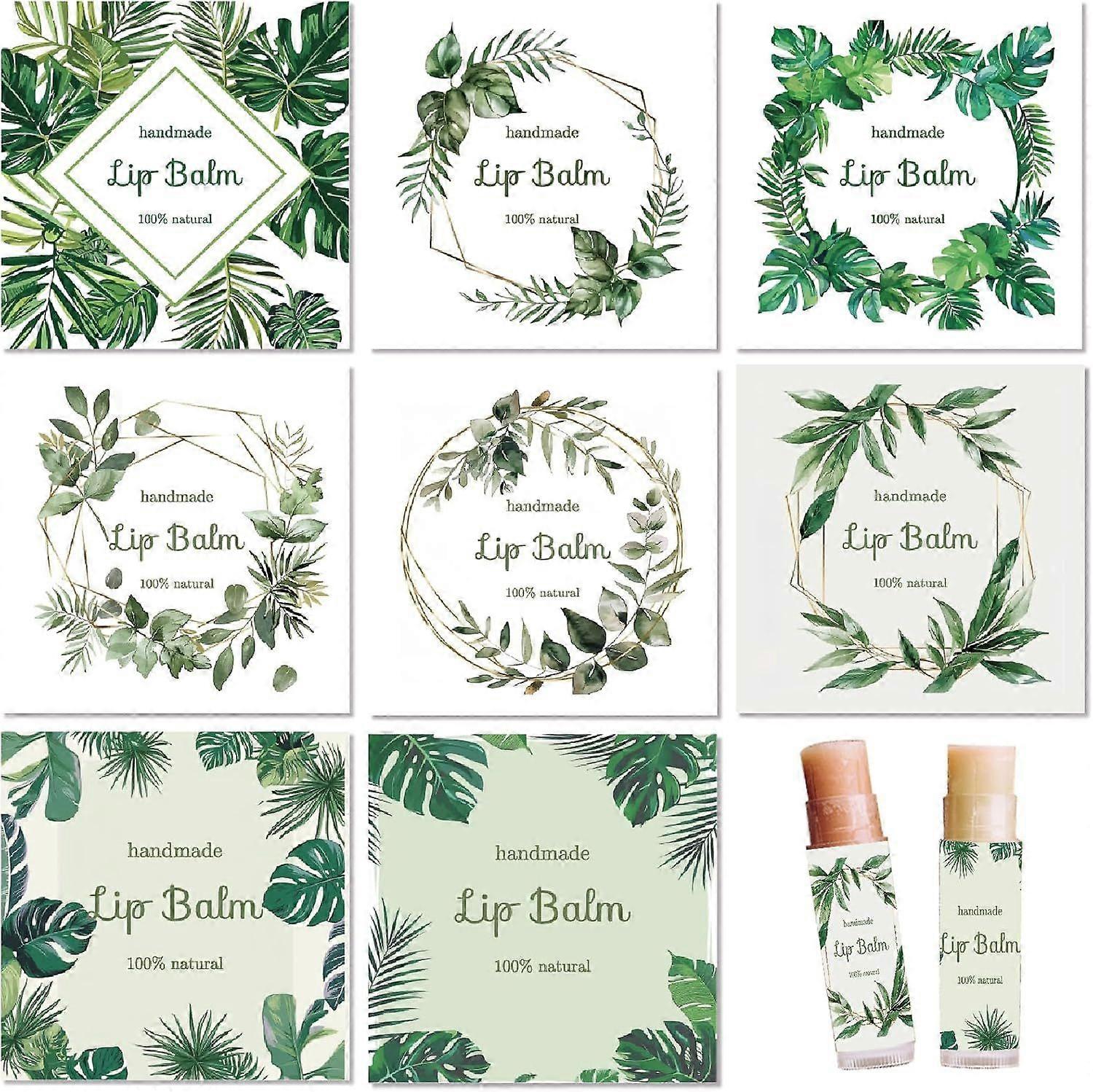 80Pcs 8 Styles Green Leaf Lip Balm Sticker Tropical Turtle Plant Self-Adhesive Homemade Lip Balm Labels Vintage Square DIY Label Stickers for Lip Balm