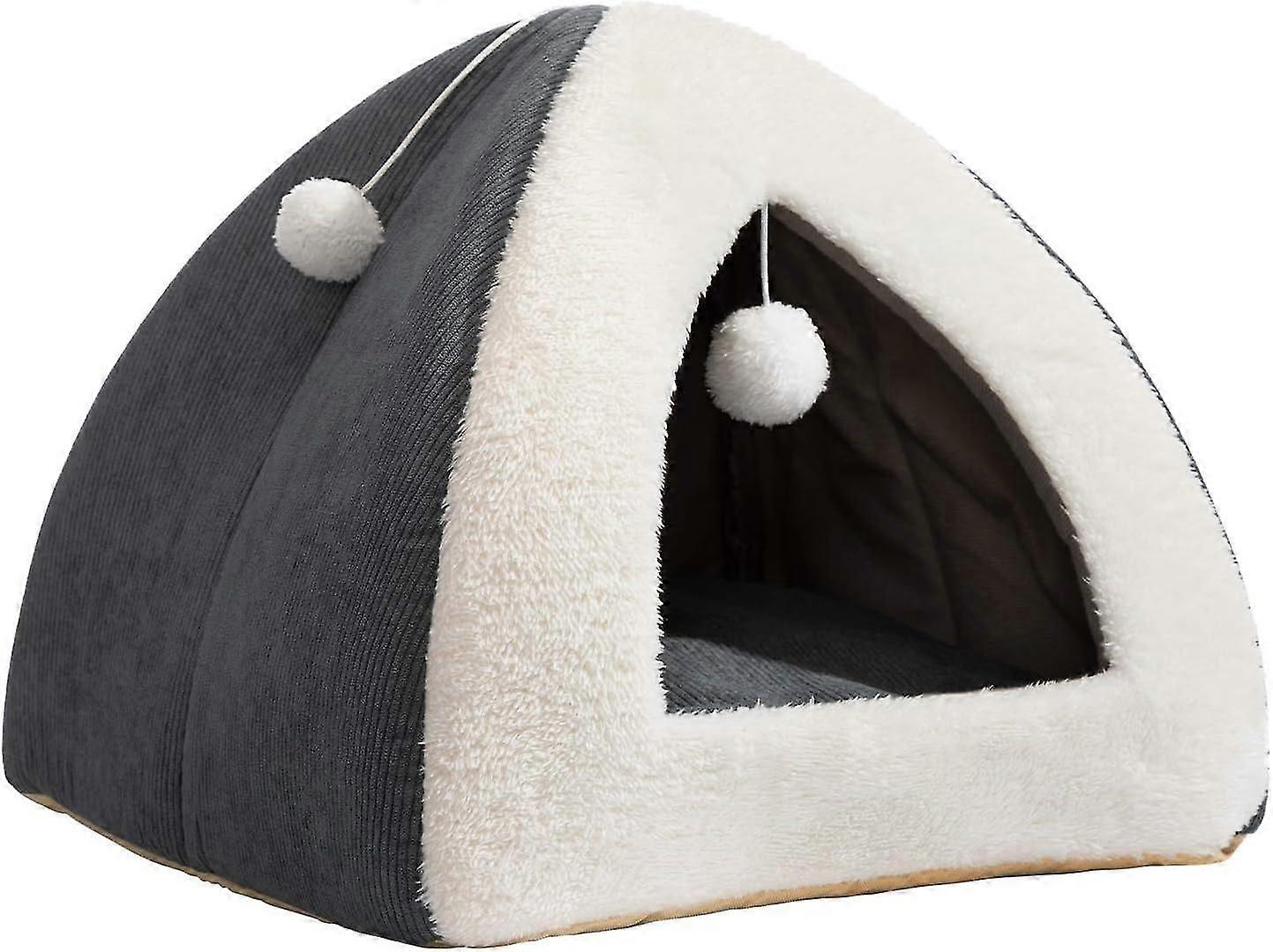 Cat Tent Igloo Pet Bed with Removable Cushion - Grey & White