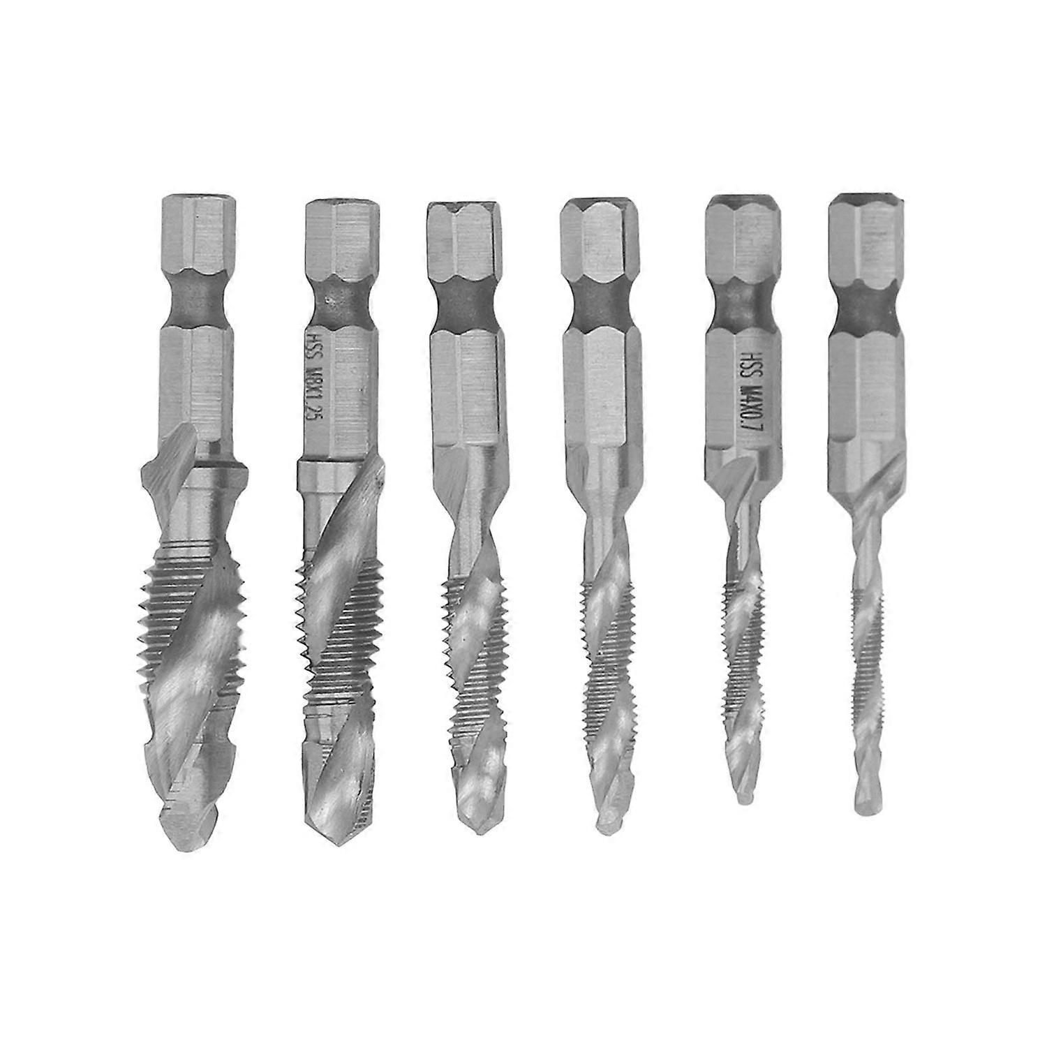 6PCS Hex Shank Combination Tap Set Spiral Flute Drill Taps High Speed Steel Thread Tapping Tool Silv