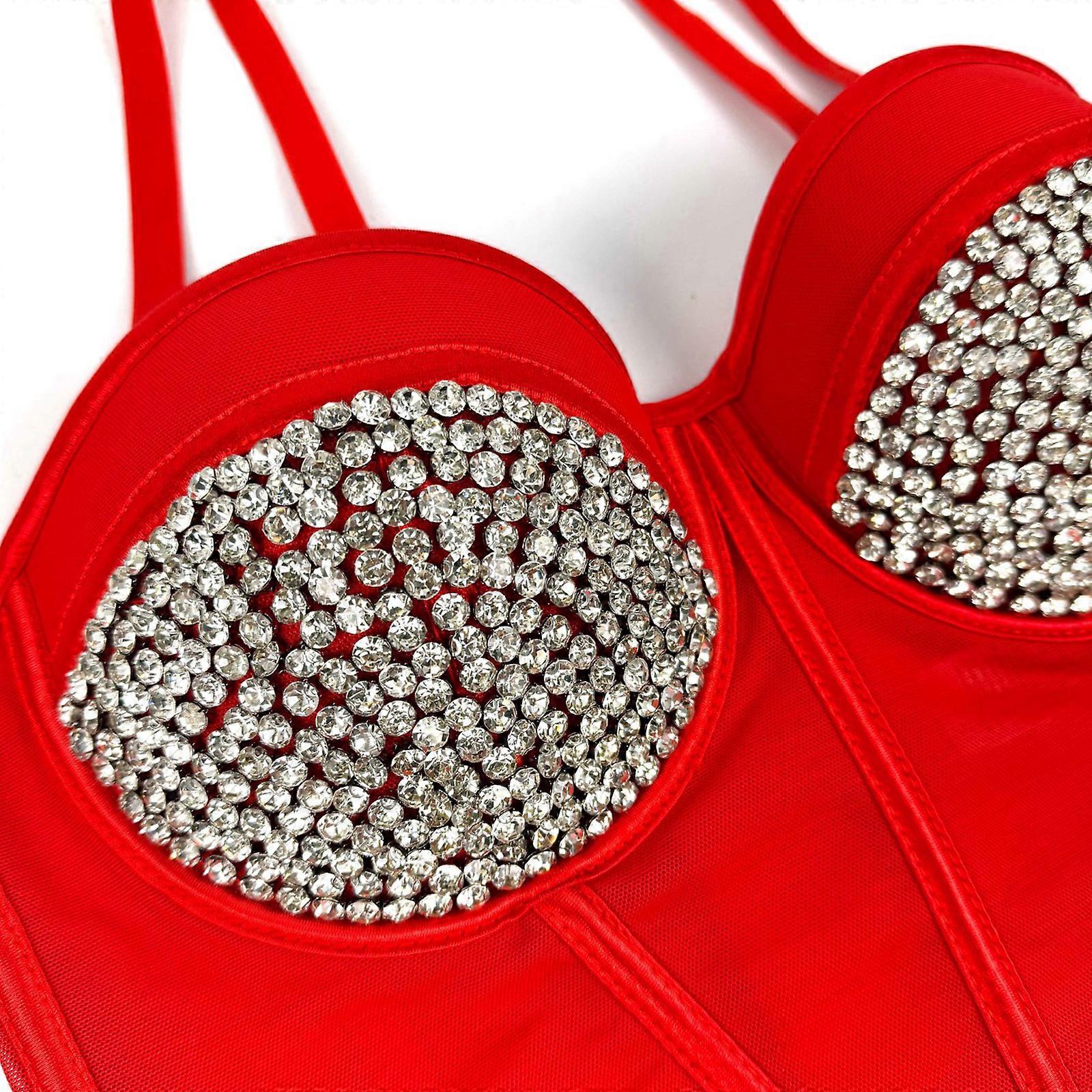 Sparkling Rhinestones Fishbone Push Up Bustier Tanks Top with Adjustable Straps for Women Mesh Corset Bra Camisole Vest  40 White