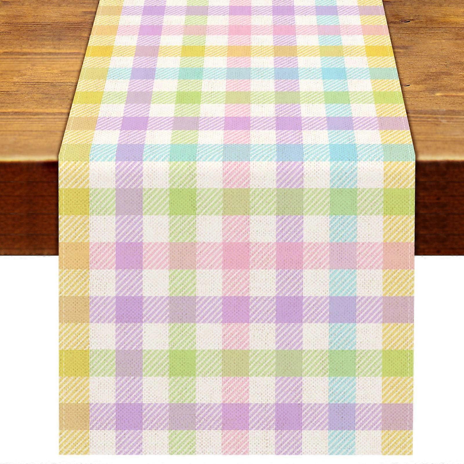 Linen Check Plaid Table Runner, Rustic Farmhouse Easter Spring Table Decor for Dining Room and Kitchen, 13 x 72 Inch