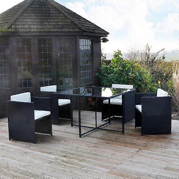 Rattan / Wicker Effect Cube Table With Glass Top & 4 Chairs With Cushions