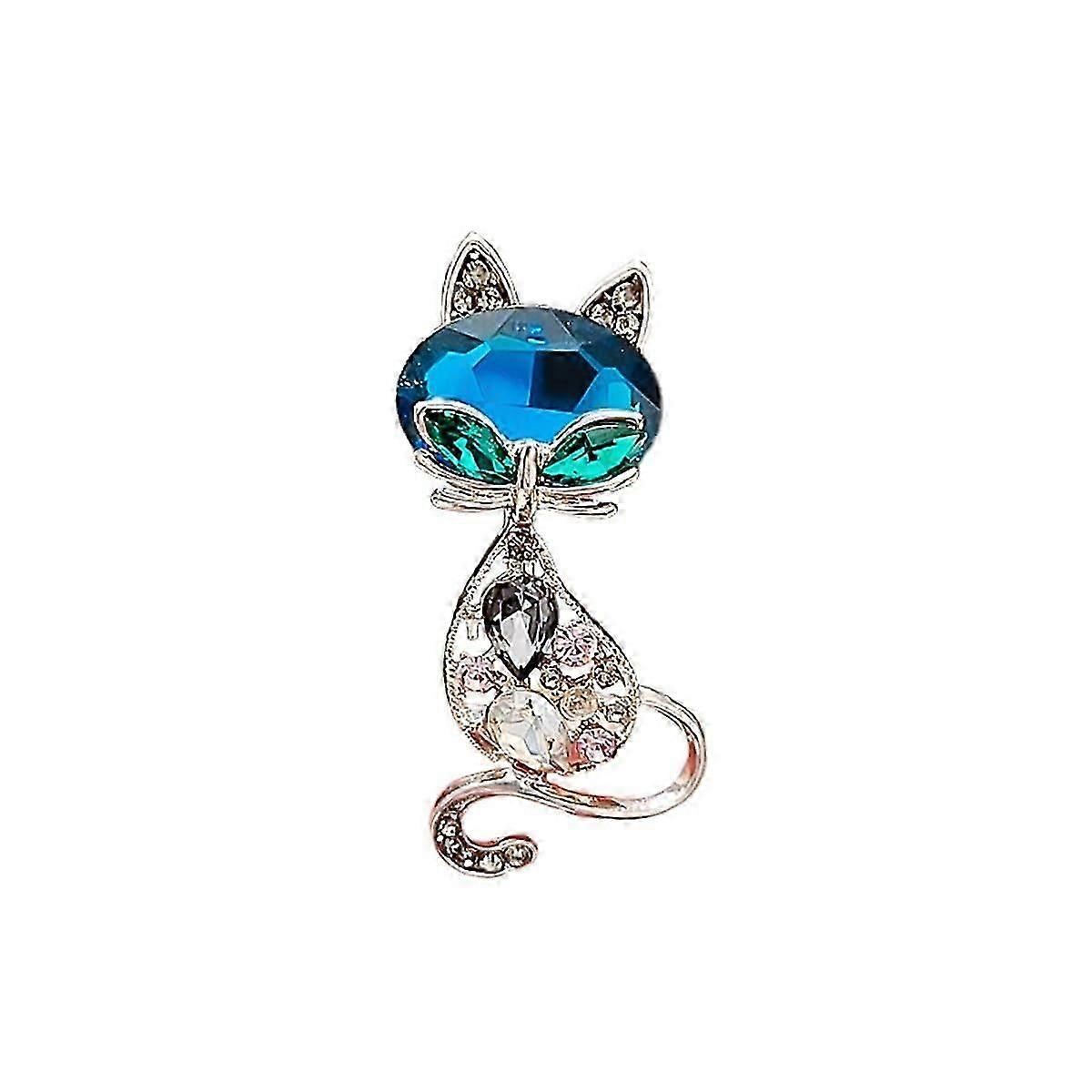 Vintage Rhinestone Cat Brooch, Blue Crystal