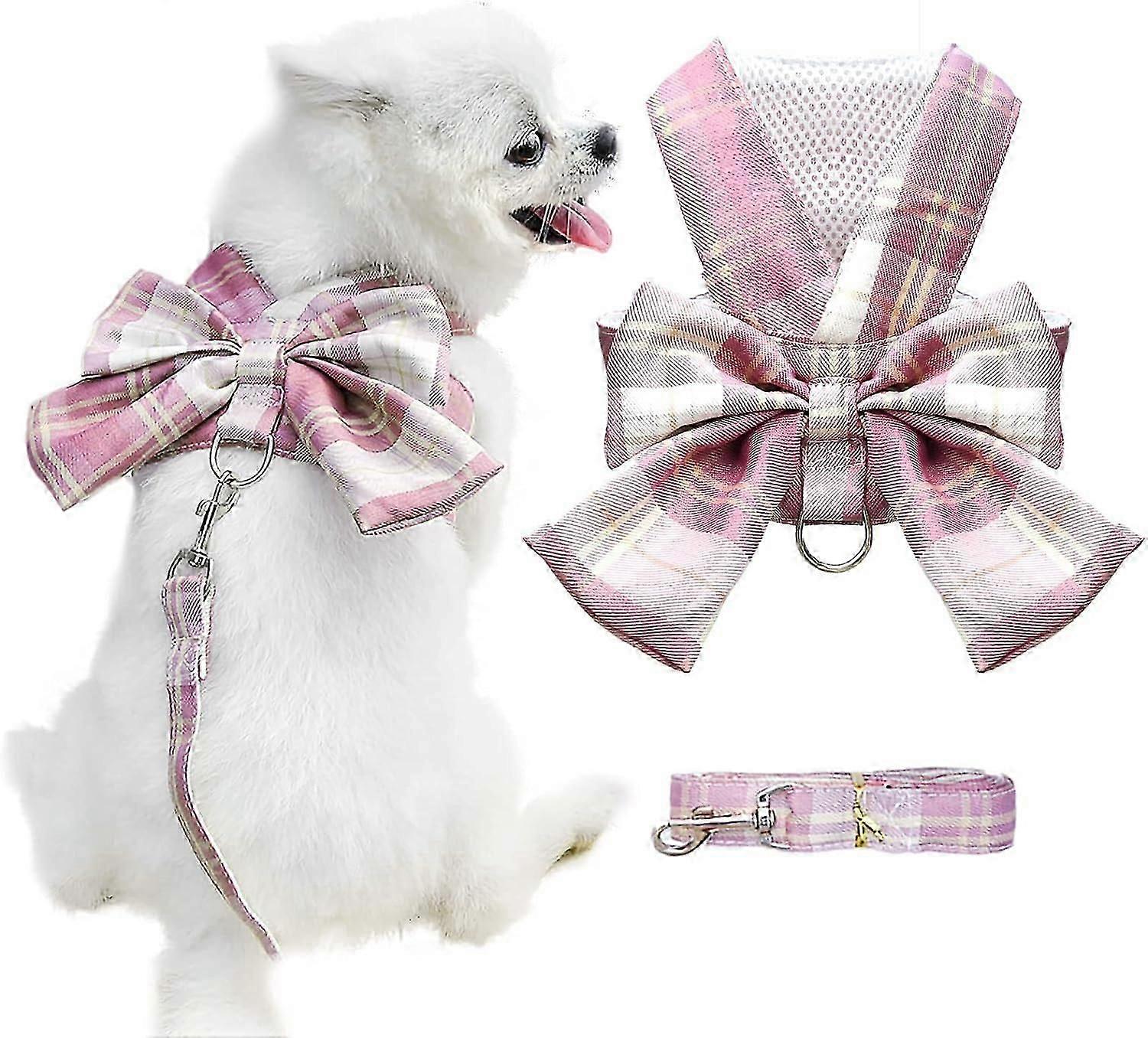 弓付き小型犬用犬用ハーネス Dリング付き犬用小型ハーネス ソフトメッシュ 調節可能なハーネスセット 子犬用ペットハーネスとリード(ピンクS)