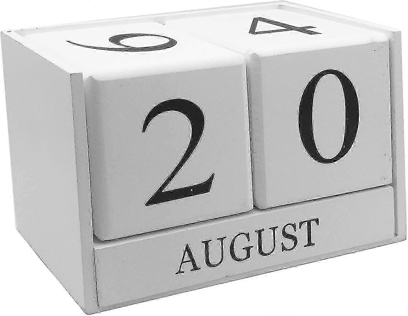 Wooden Desk Blocks Calendar - Perpetual Block Month Date Display Home Office Decorationwhite)