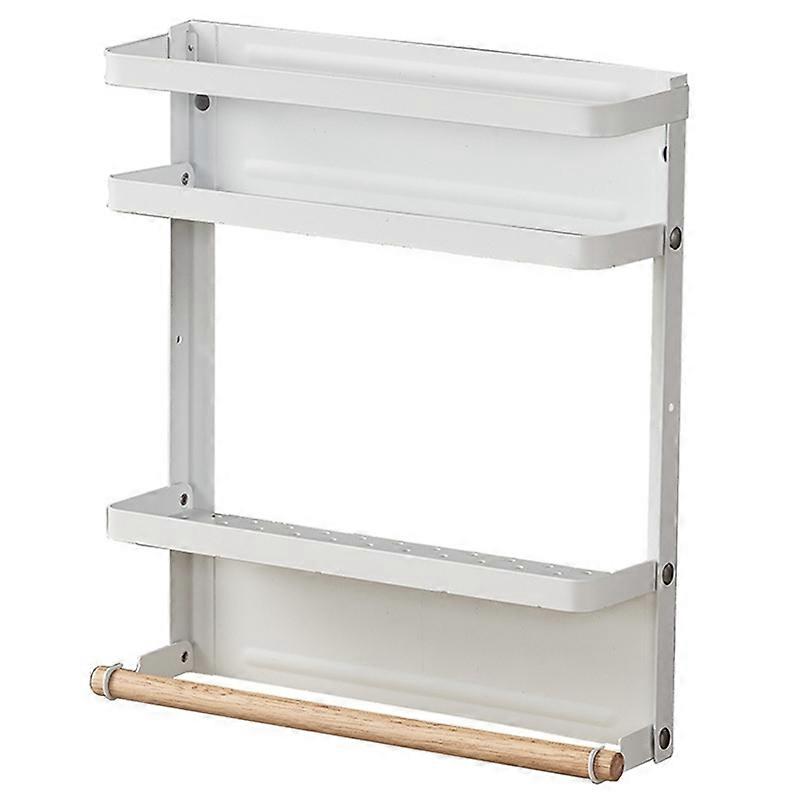 Fridge Magnetic Folding Carbon Steel Storage Rack with Wooden Rod,Size S-White