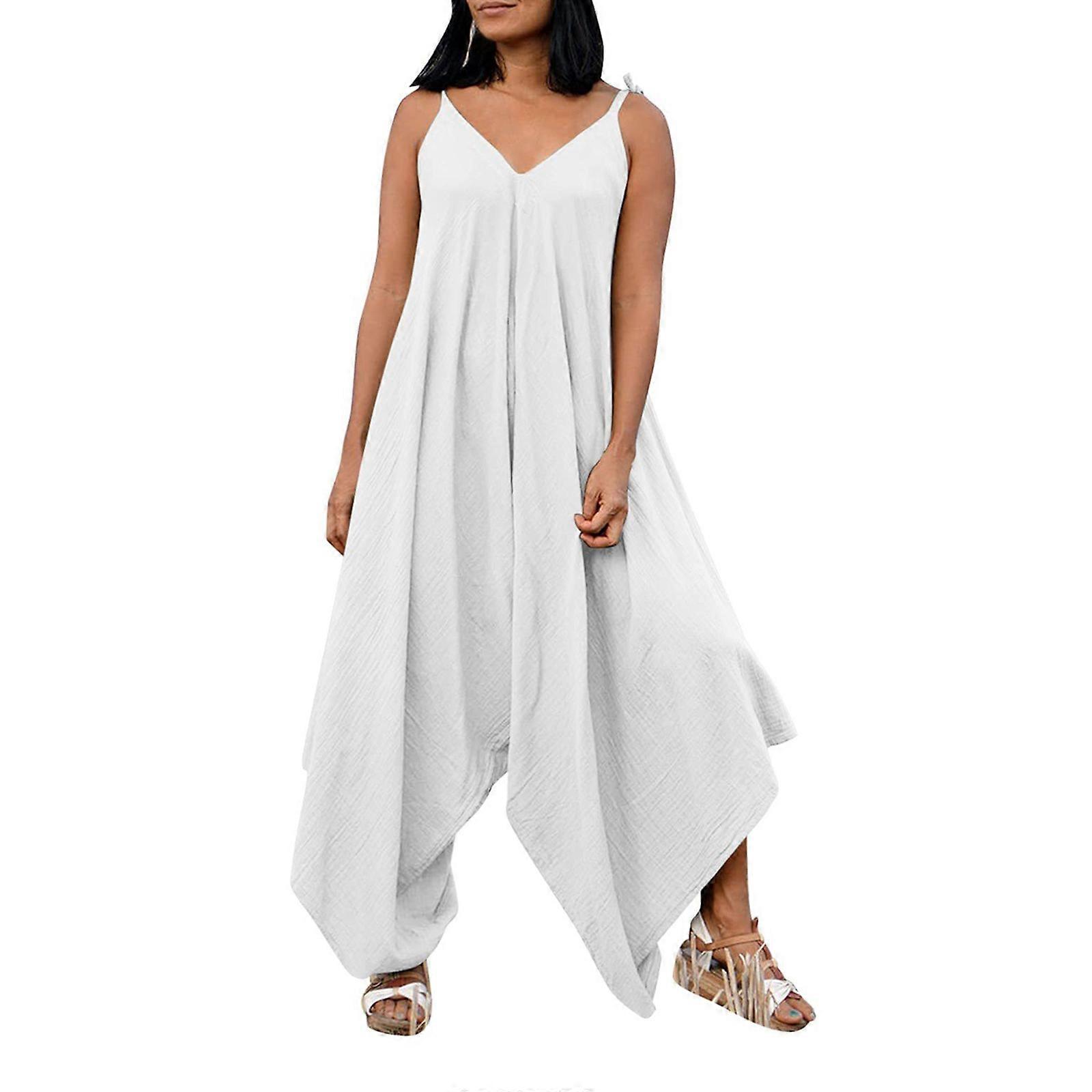 Combinaison à col en V pour femme, barboteuse ample à bretelles spaghetti, une pièce, style sarouel, couleur unie, décontractée, blanche, XL