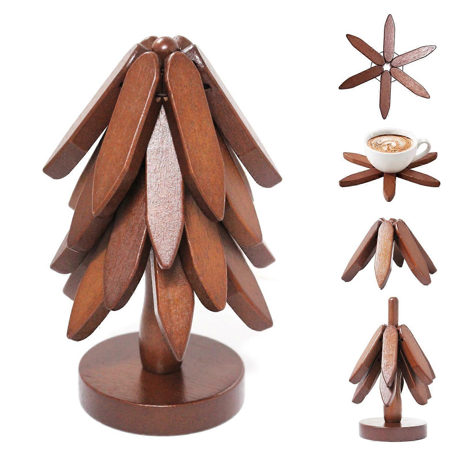 Wooden Trivets Set of 5 - Tree Design Hot Dish Holders for Pots, Bowls, Teapots, and Hot Pots with Stand