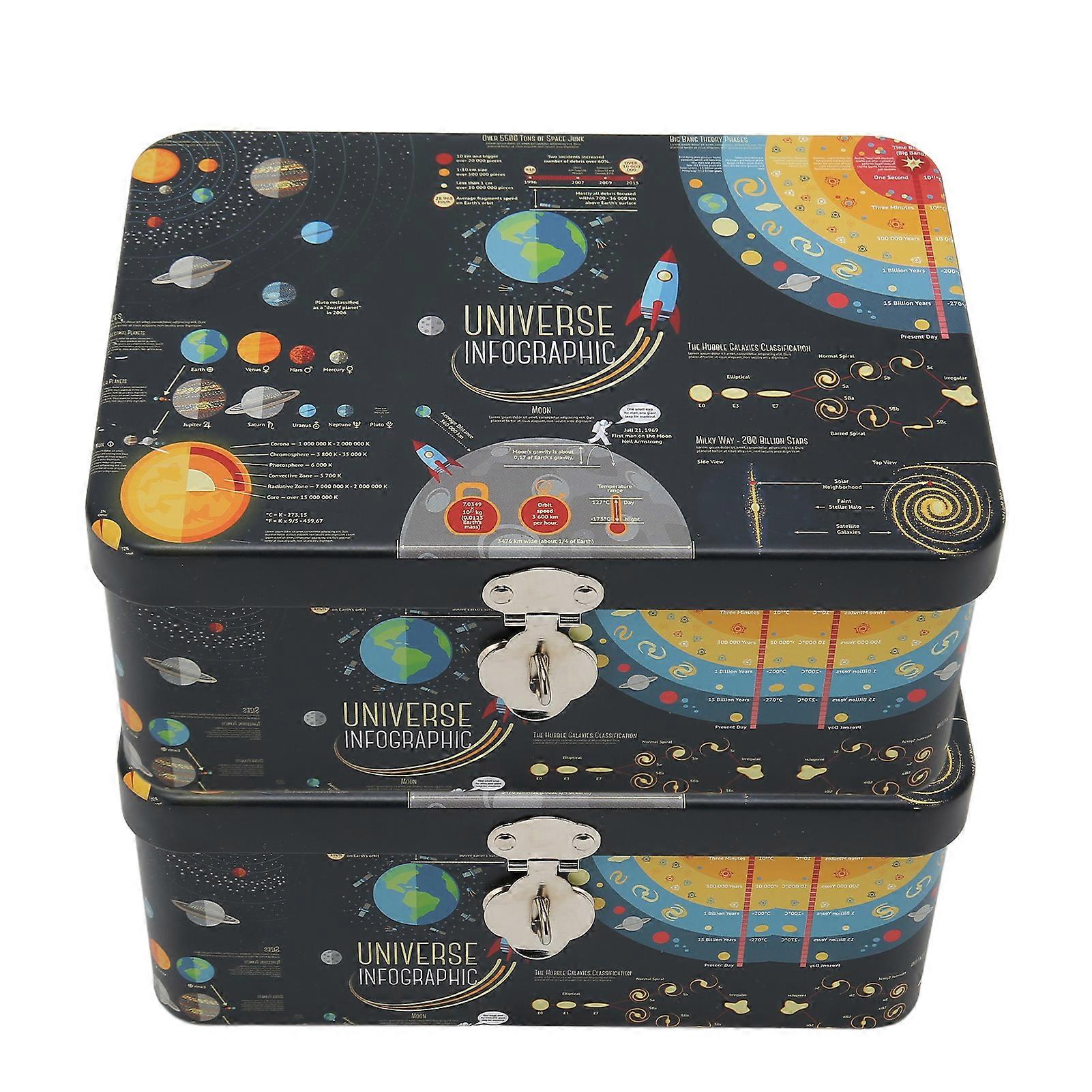 2Pcs Tinplate Storage Box Universe Infographic Cartoon Waterproof Rectangular Tin Box with Locks Keys for Family Office 