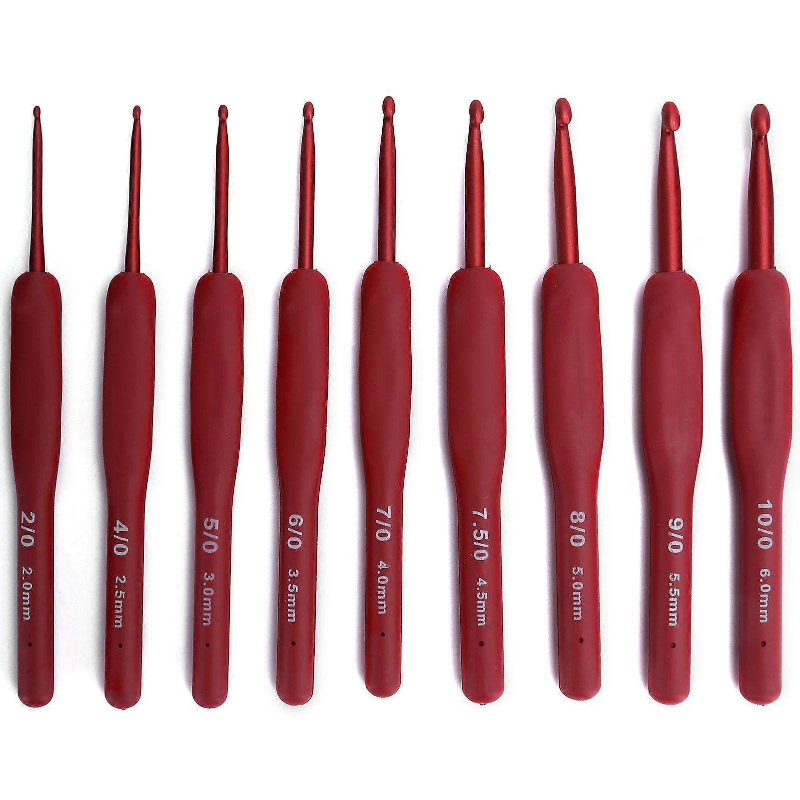 9 Pcs Ergonomic Crochet Hooks Set for Sweaters, Sewing Threads, Red Handle, Craft Accessories, Knitting Tools