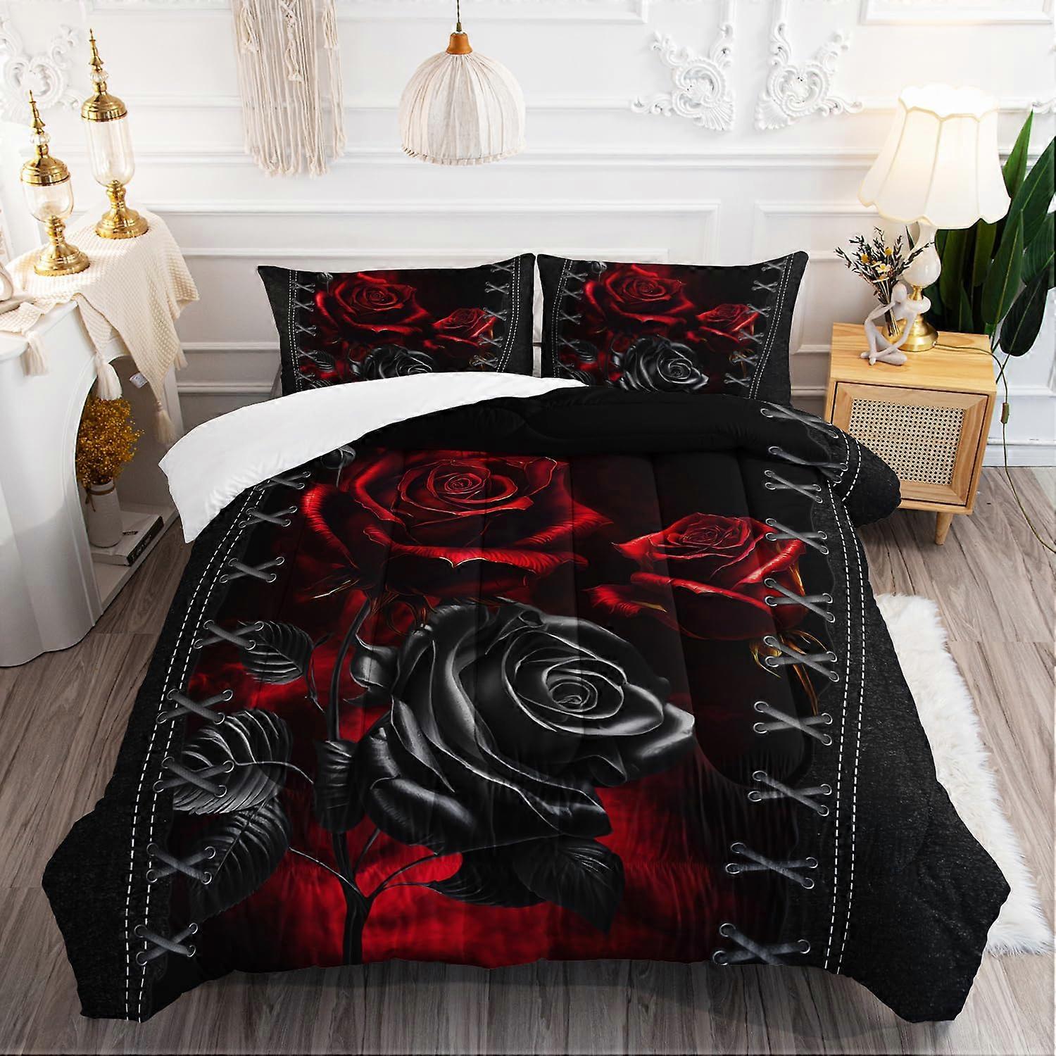 Red Rose Comforter Set Full Size, 3D Red Floral Bedding, Red and Black Duvet Cover, Includes 1 Quilt and 2 Pillowcases