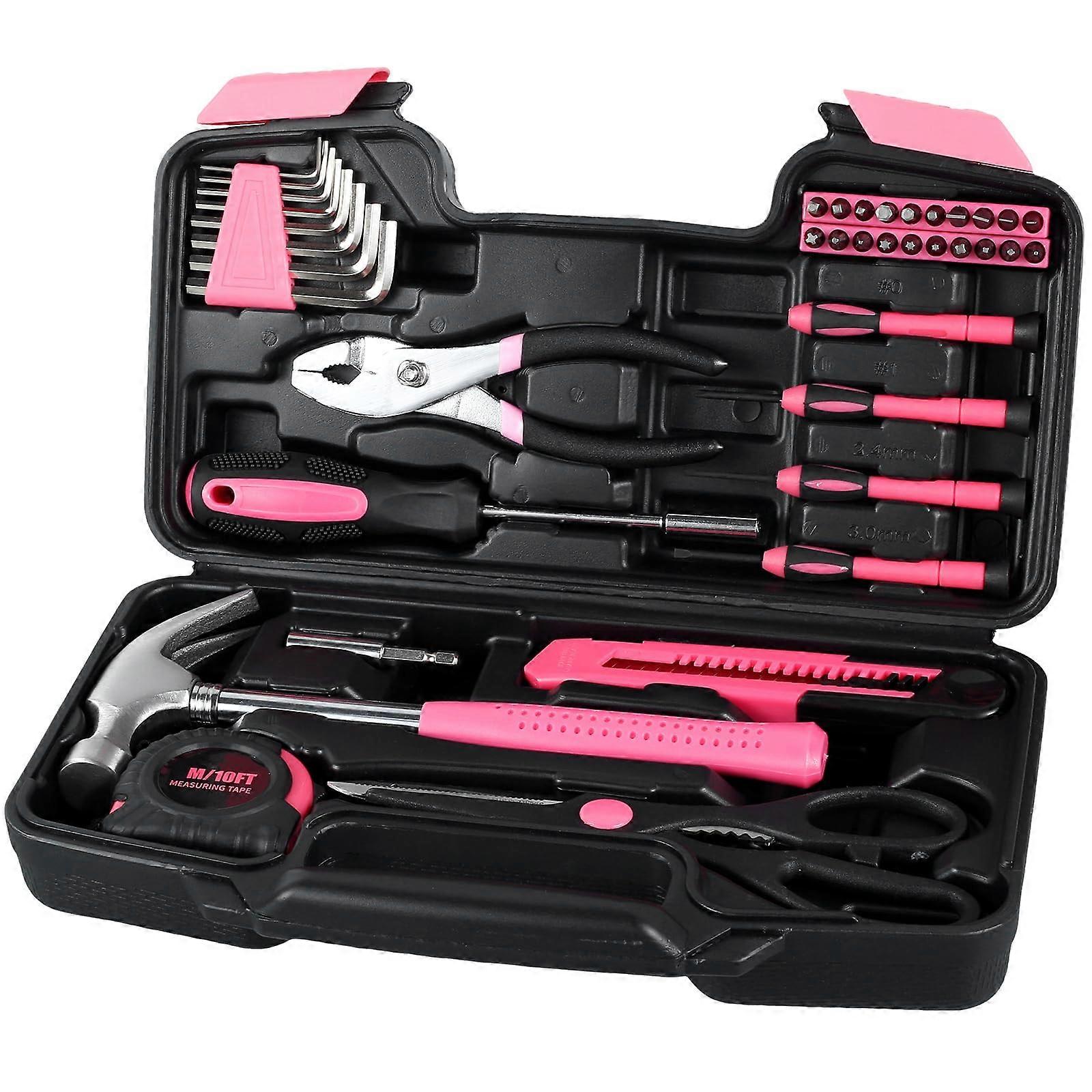 39Pcs Pink Household Hand Tool Kit, Multifunctional Repair Set with Claw Hammer, Scissors, and Storage Case