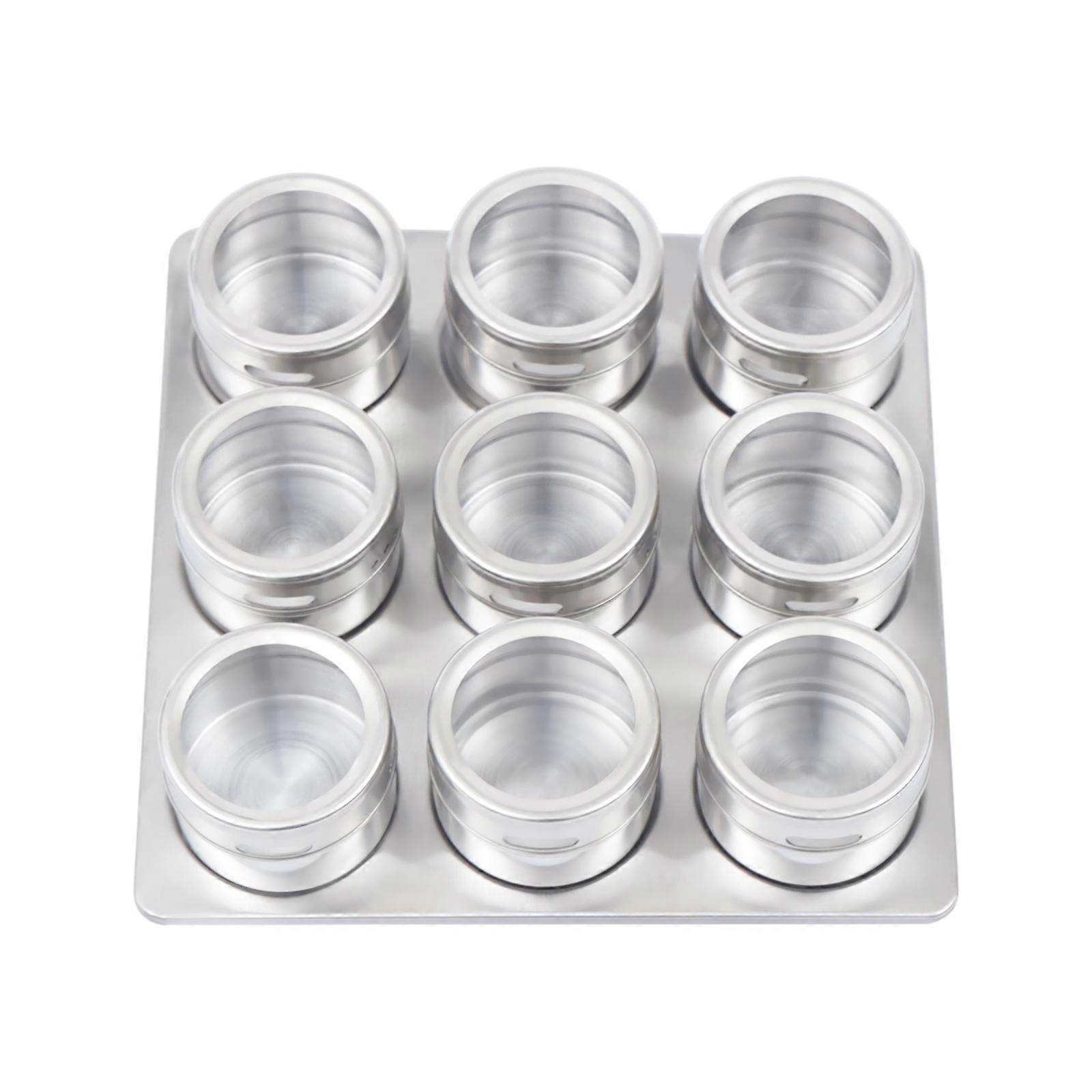 Ensemble de 9 pots à épices en acier inoxydable argenté et en plastique AS - 6,3 x 4,5 cm, couvercle visible, sortie multi-trous, base magnétique, nettoyage facile, cuisine et bureau