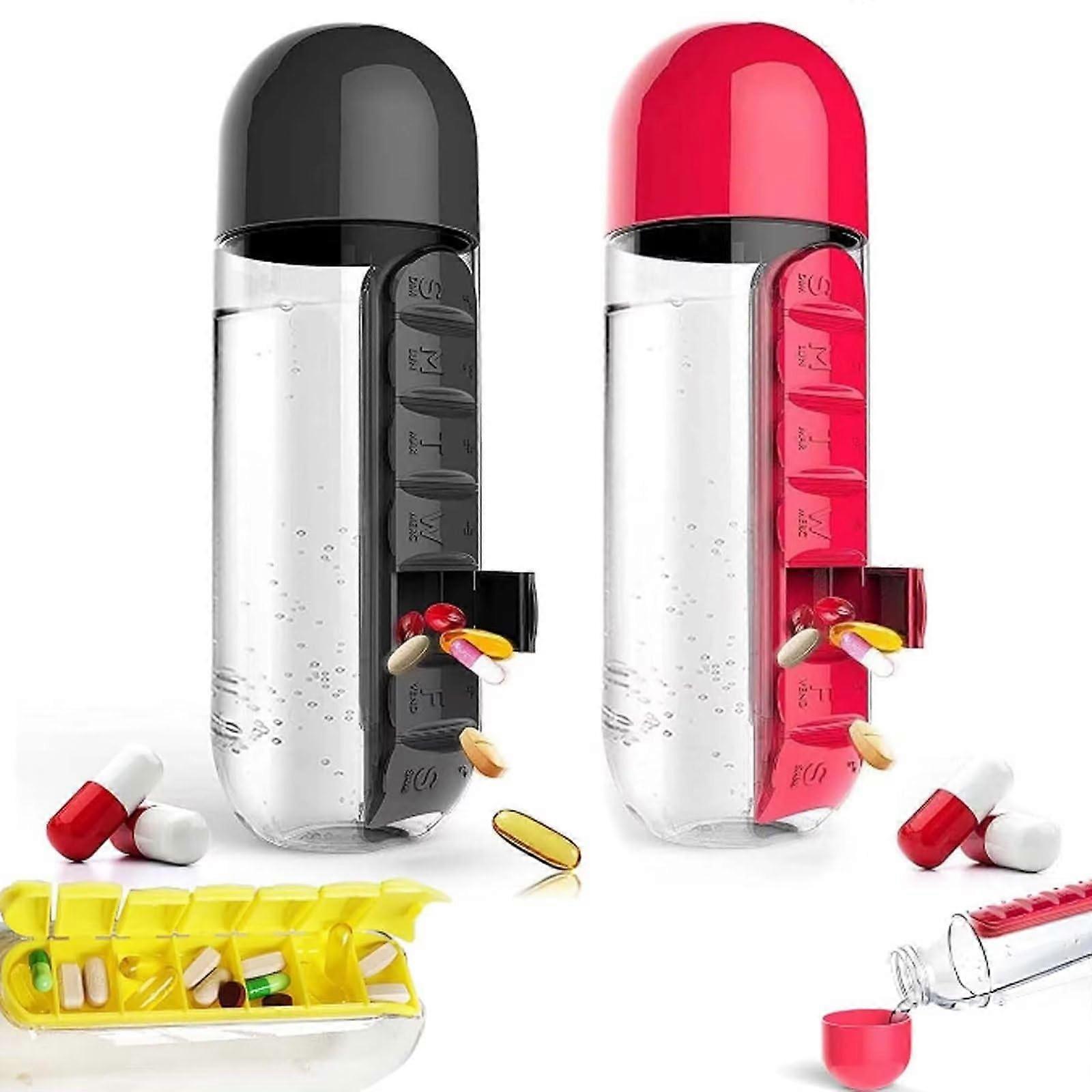 Daily Pill Box Organizer with Water Bottle 600ML, 2-in-1 Travel Pill Container and Drinking Cup for Office Outdoor Use (2 Pcs)