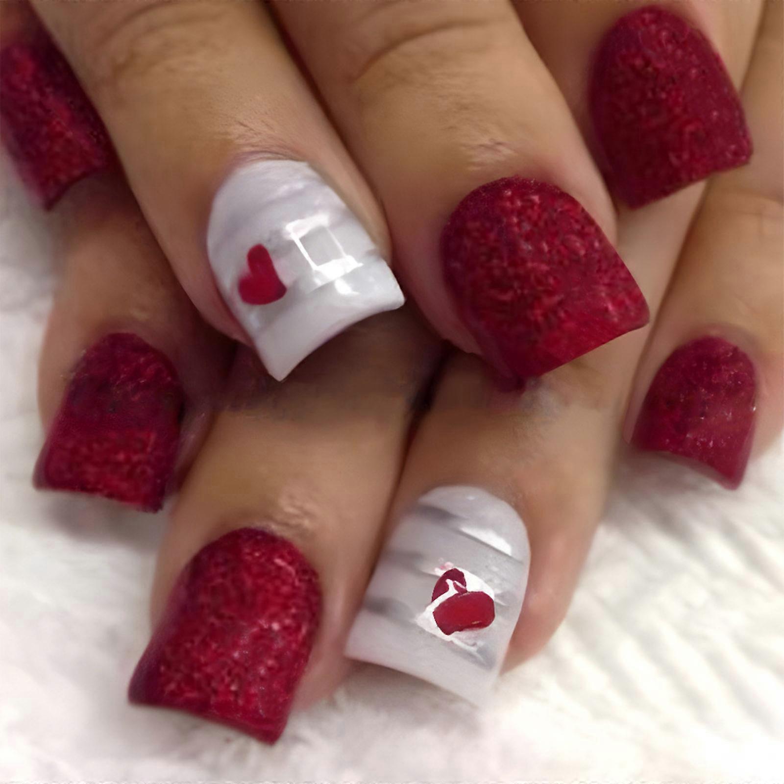 ネイルスクエアフェイクネイル光沢のあるデザインのバレンタインプレス偽のネイルフルカバー人工アクリルネイル24pcs 12サイズ