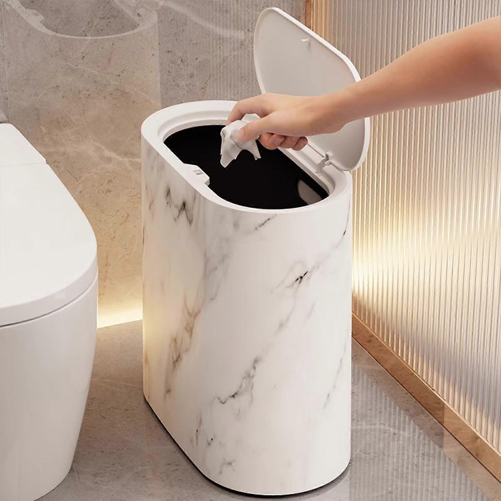 Bathroom Trash Cans with Lids, Small White Plastic Marble Wood Pattern Wastebasket for Narrow Spaces, Modern Indoor Garbage Bin