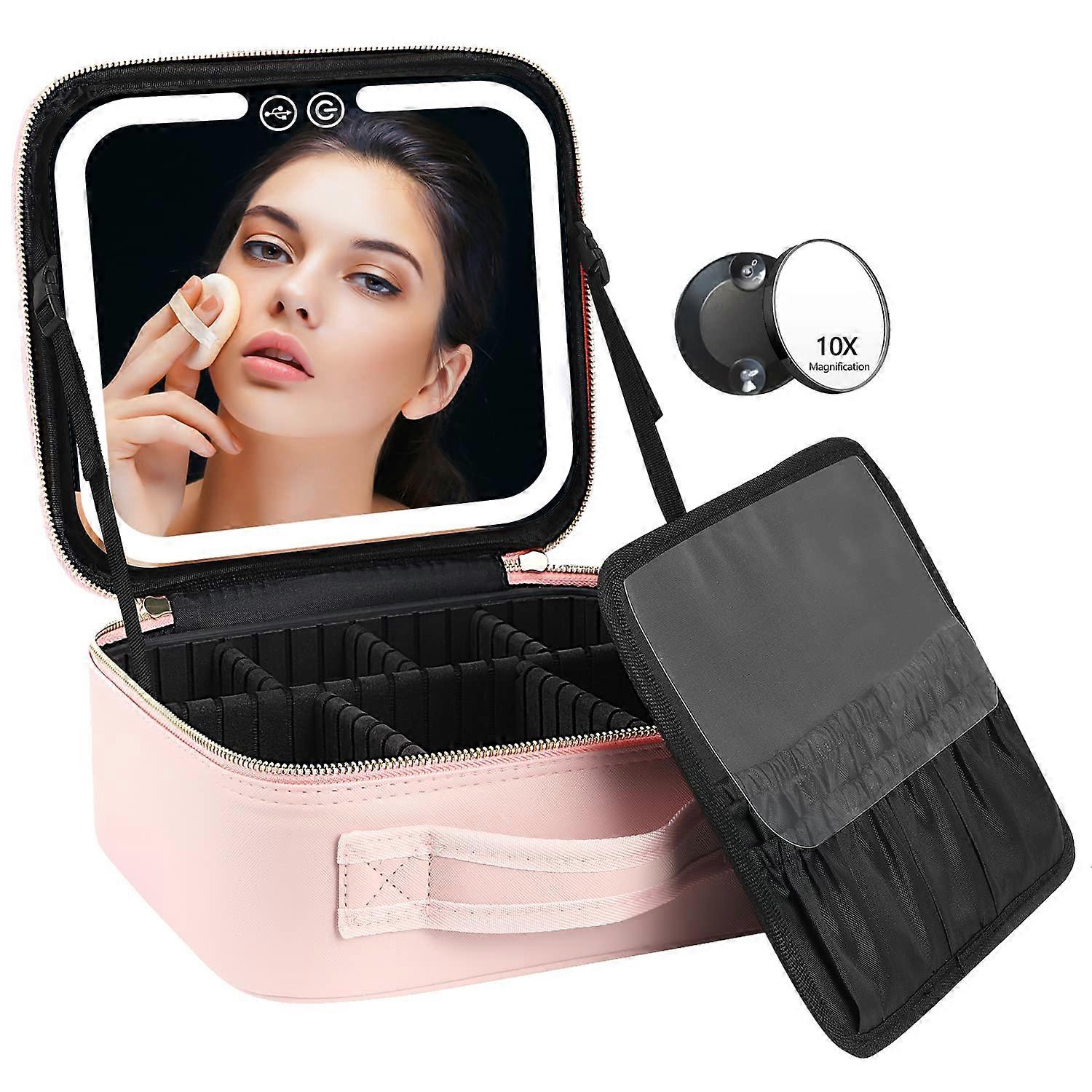Travel Makeup Bag with LED Lighted 3 Mirror Color Setting Cosmetic Case