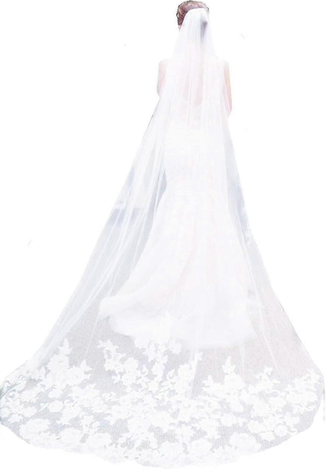 Long Cathedral Wedding Veil with Lace Applique Edge, 3 Meter White Party Veil with Comb, Suitable for Various Brands
