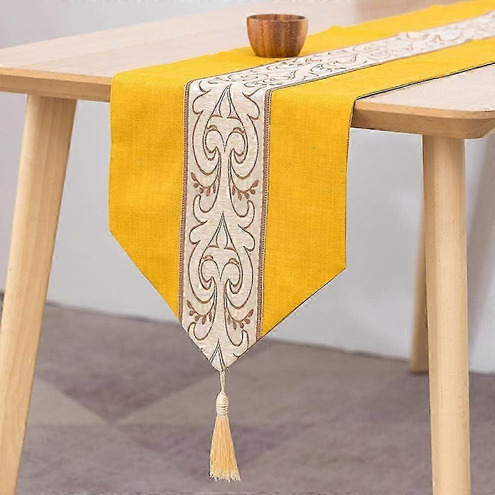 1 Piece Yellow Table Runner for Table Decoration, Linen Cloth Lace Cover for Tea Table