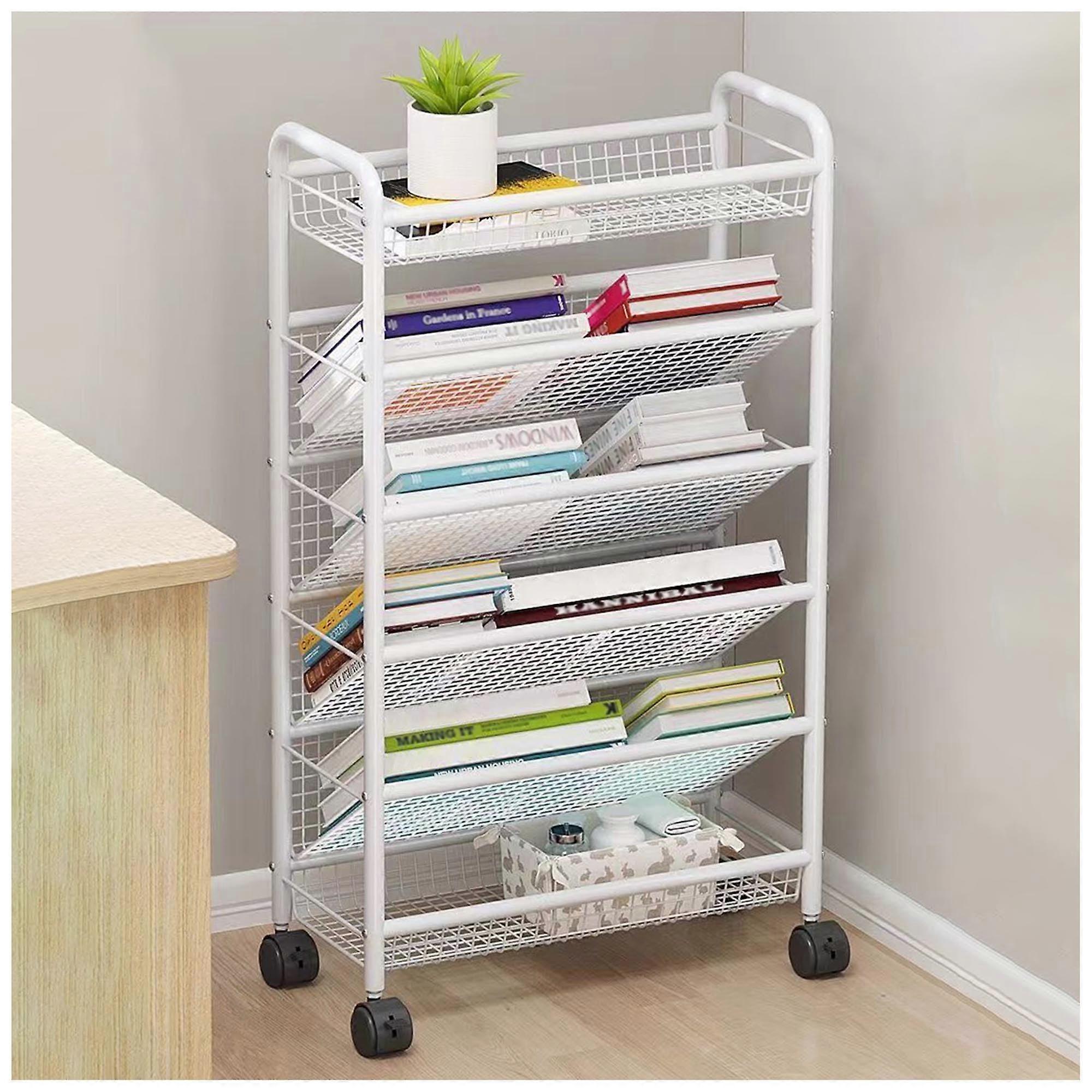 Kids Mobile Bookshelf with Wheels, 5Layer Metal Utility Bookshelf, MultiFunctions for Large Capacities for School, Home, Office 42.5x19x78CM White