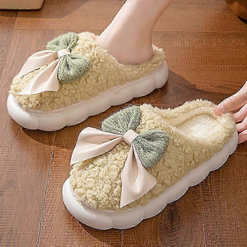 女性のための冬の暖かい毛皮のスリッパかわいい弓の家滑り止めSoftシューズ快適なフラットヒールホーム屋内寝室のぬいぐるみスリッパ