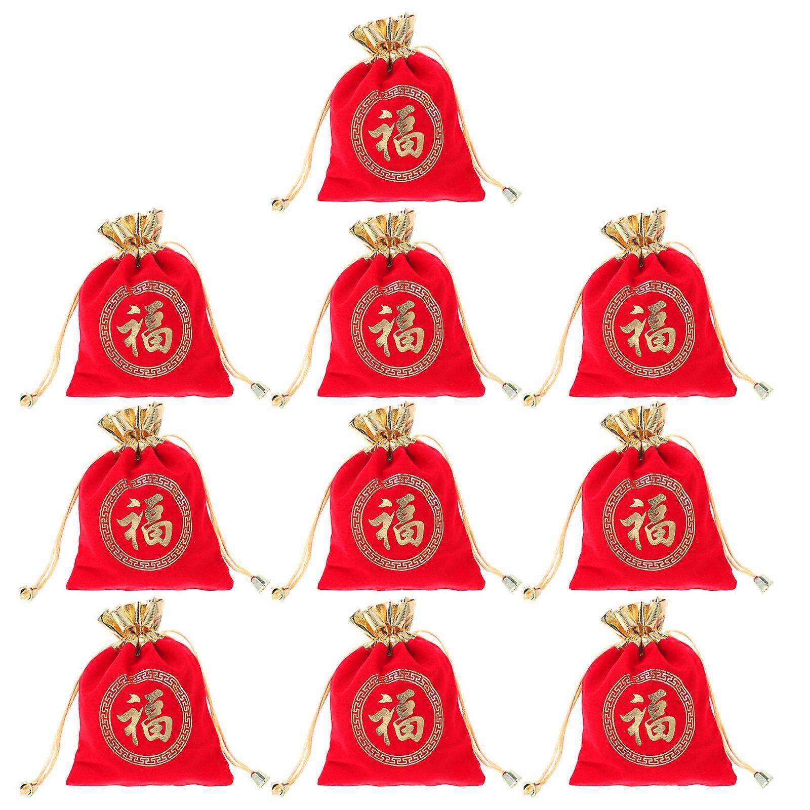 Red Lint Drawstring Bag for Storage with Chinese Fu Design 10Pcs Perfect for Gifts and Candies