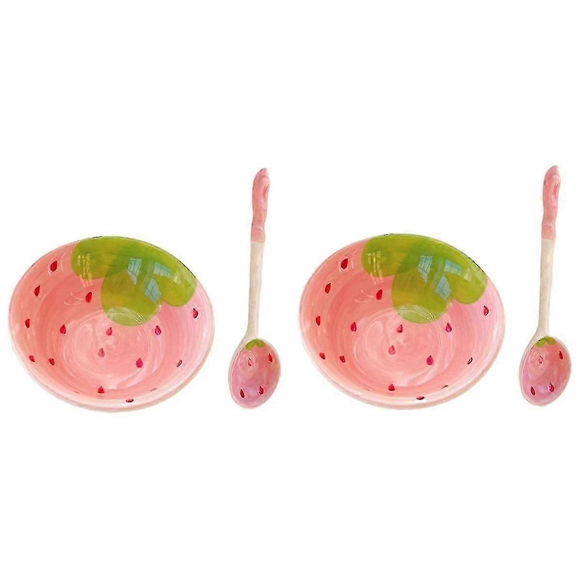 2 Set Ceramic Cereal Bowls & Spoons with Handle, Fruit Pattern, Pink