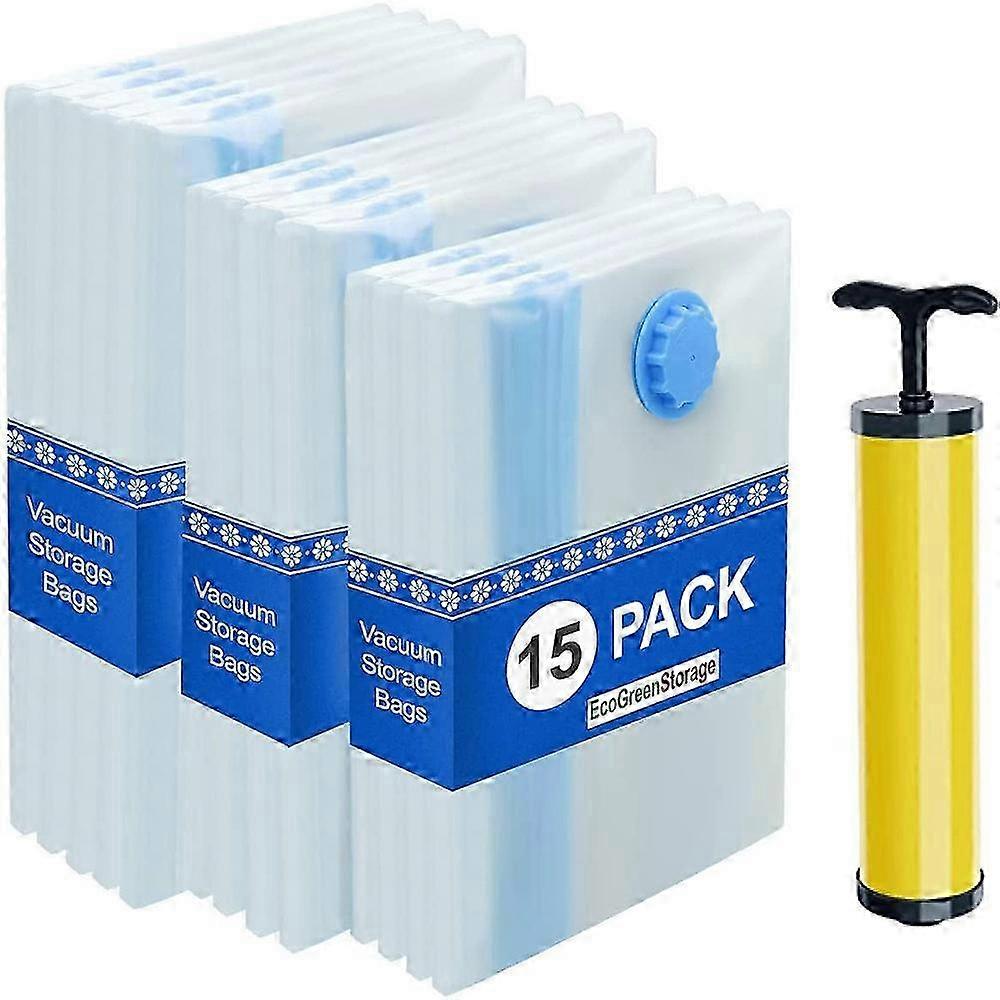 Set of 15 Reusable Garment Vacuum Bags, 80% Space Saving, Made of PA and PE, Includes Hand Pump