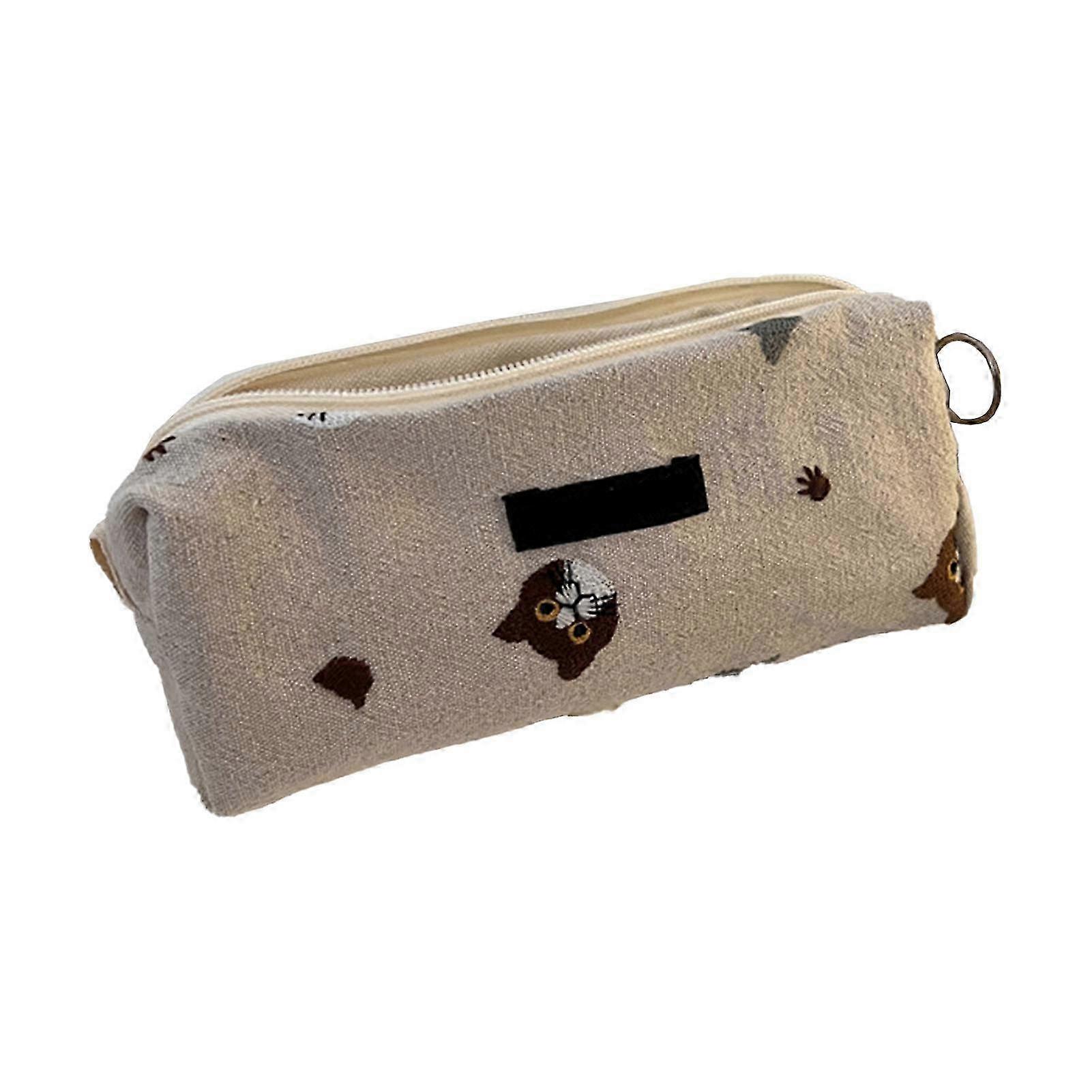 Charming Embroidered Pencil Case with Large Capacity for Girls and Students in Beige Cotton Cloth