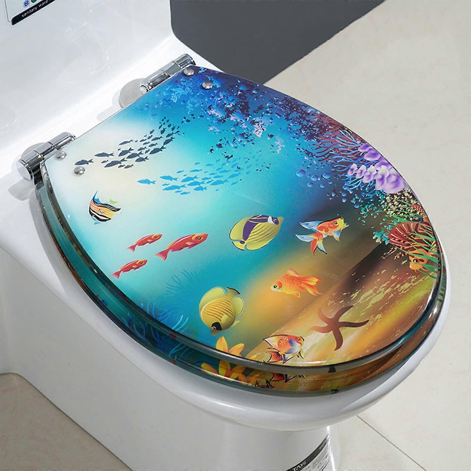 Toilet seat made of synthetic resin, 1.5 cm thick, round, closes slowly and never loosens, easy to clean and install, ocean theme/B.