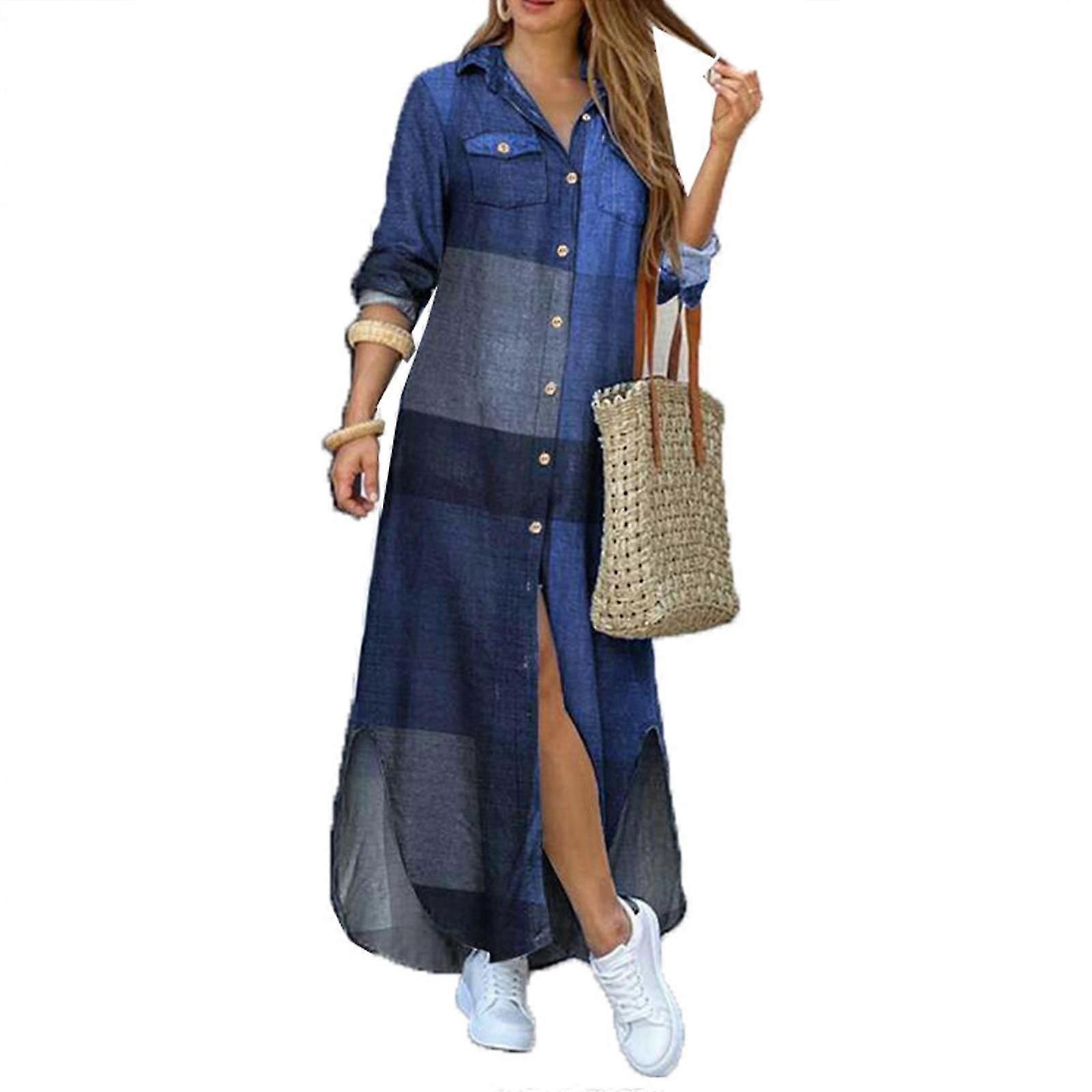Shirt Dress for Women Vintage Plaid Print Long Sleeve Lapel Collar Button Down Boyfriend Style Casual Loose Slit Blouses  Blue XL