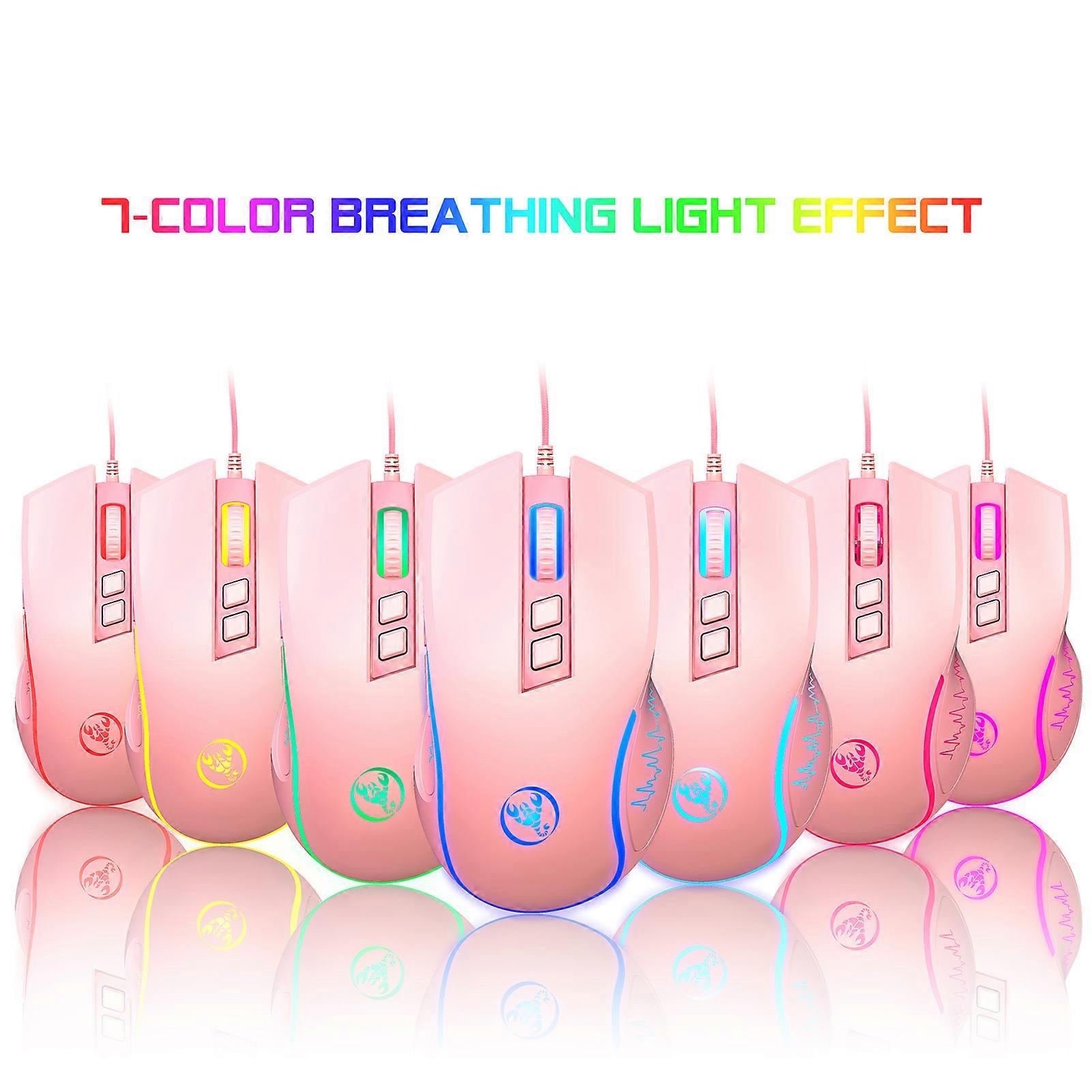 HXSJ X100 Wired Ergonomic Gaming Office Mouse 7-color Breathing Light Effect 4-gear Adjustable movement speed Pink