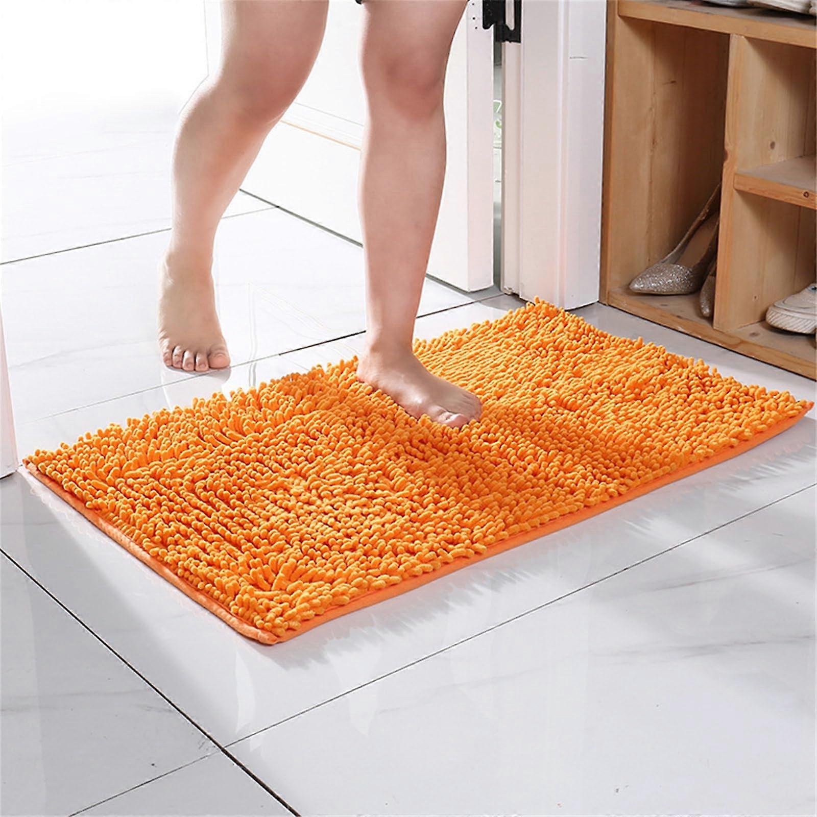 Chenille Bath Mat Non-Slip Soft Fluffy Bathroom Rug Orange 50 x 80 cm Absorbent Washable Doormat for Pets and Toilet