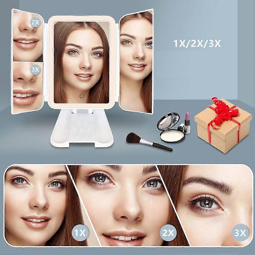 Makeup Mirror Vanity Mirror with Lights LED Trifold Mirror 3 Color Lighting Modes Touch Control 1x 2x 3x Magnification Cosmetic Lighted Up Mirror