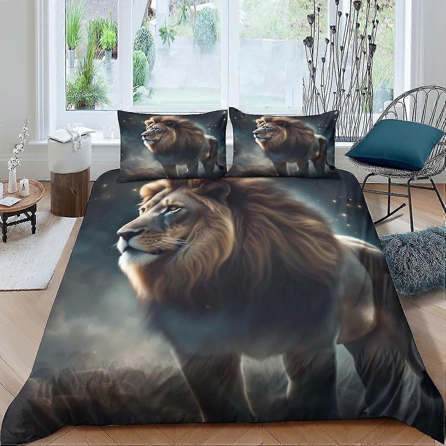 Conjunto de Cama de Capa de Edredom 3D Lion Capa de Colcha de Microfibra Macia com Fecho de Zíper para Crianças 3 Peças Duplas