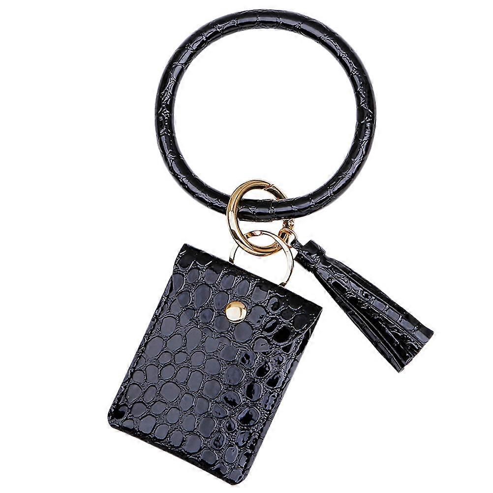 Black PU Women Keychain with Grain Design and Bangle Circle for Durable Use Mini Flap Buckle Pouch 3.5 Inches