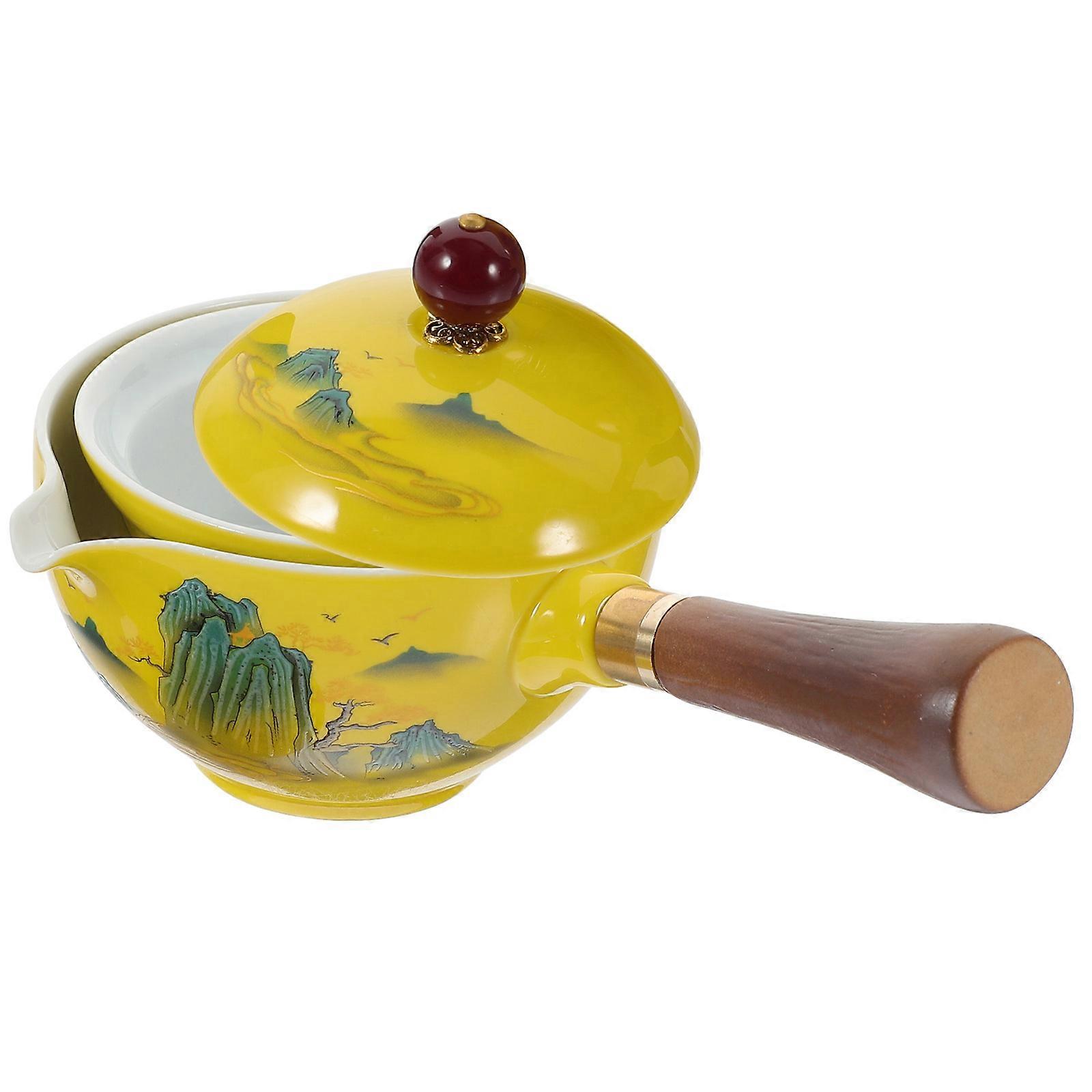 Ceramic Travel Teapot with Wooden Handle, Portable Loose Leaf Tea Maker for Home, Office, and Social Gatherings